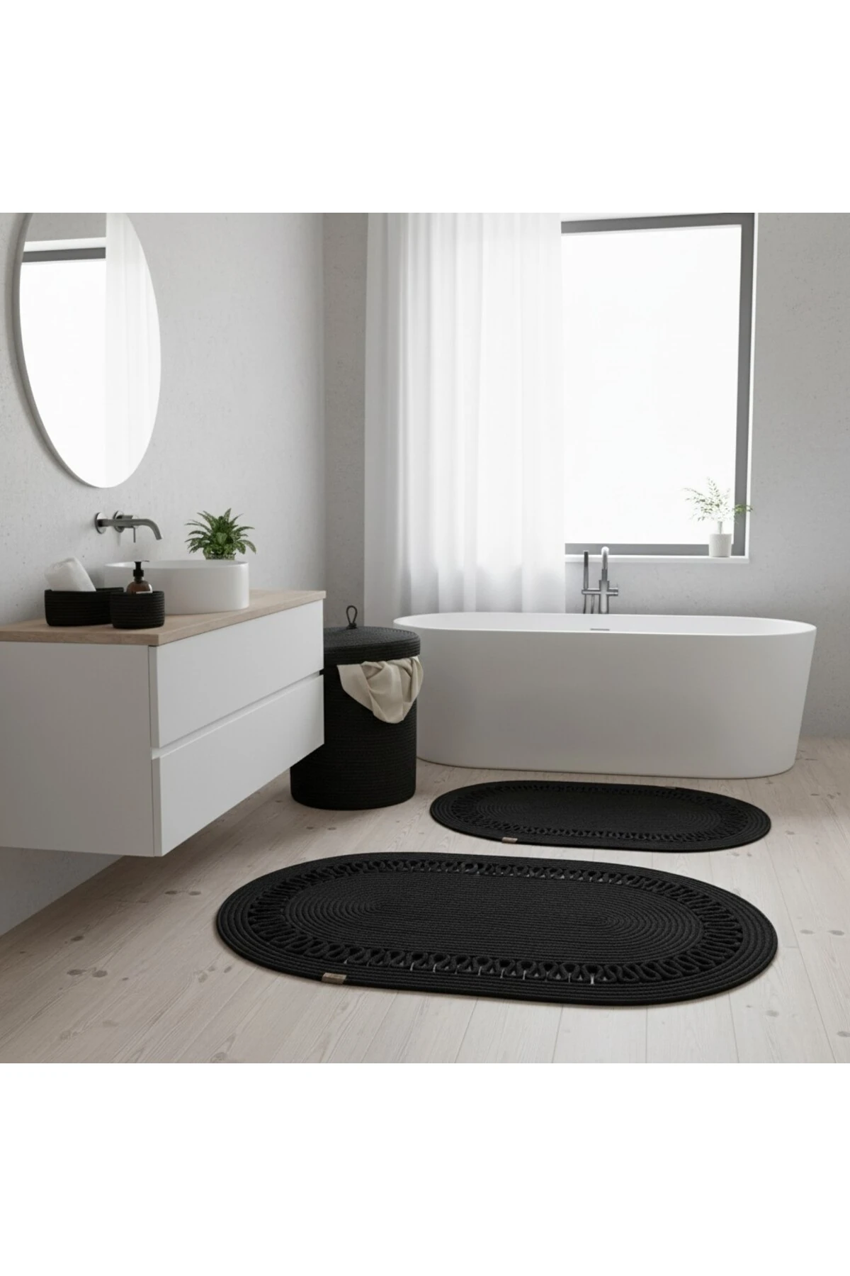 Hasır / Jüt 5 Parça Siyah Trikotlu Banyo Paspas Takımı | Kirli Sepeti | Oval Sepetler