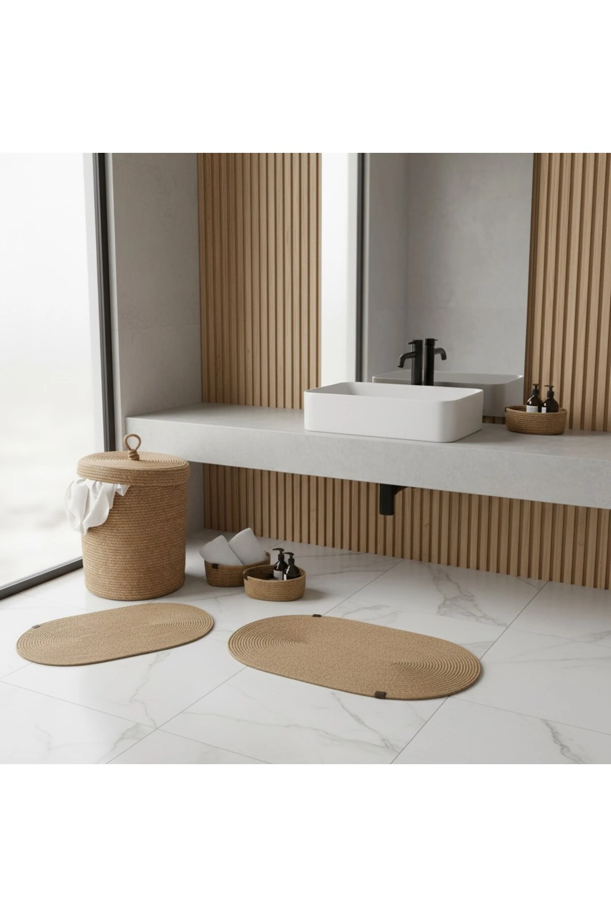 Hasır / Jüt 5 Parça Hasır Banyo Paspas Takımı | Kirli Sepeti | Oval Sepetler