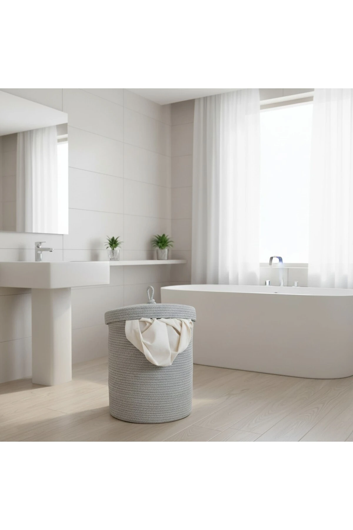 Jüt Kapaklı Hasır Kirli Çamaşır Sepeti Gri | Oyuncak, Banyo Organizeri | 35x40 Cm |