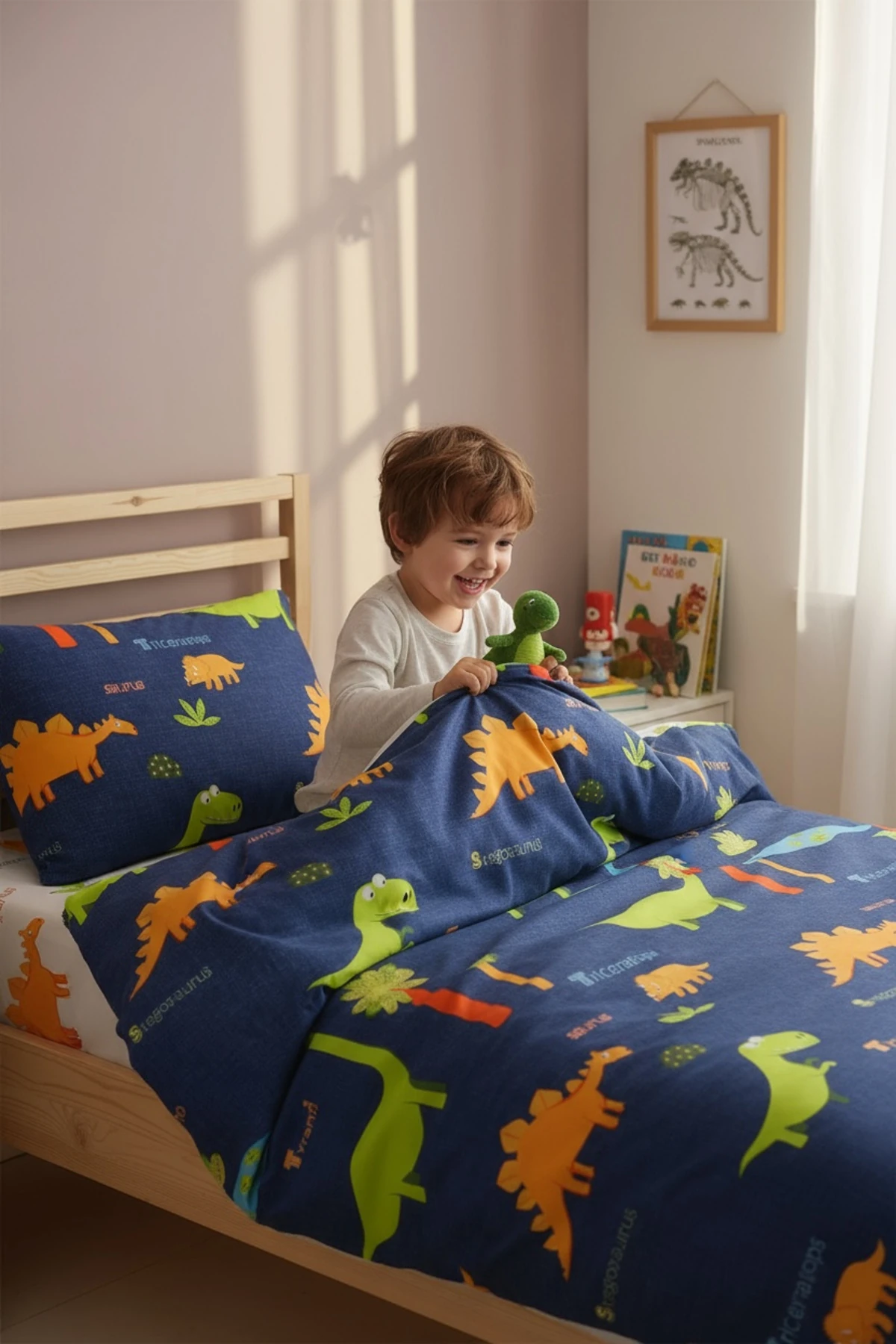 Kolay Ütülenir Nevresim Takımı Tek Kişilik Dinolar Lacivert