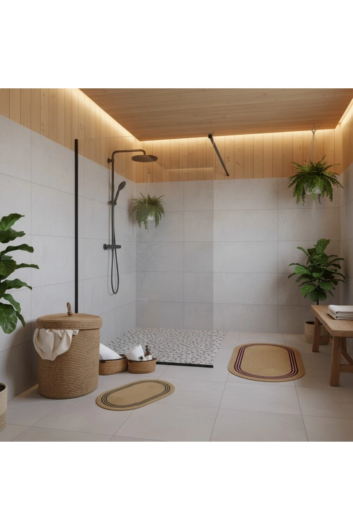 Hasır / Jüt 5 Parça Siyah Çizgili Banyo Paspas Takımı | Kirli Sepeti | Oval Sepetler