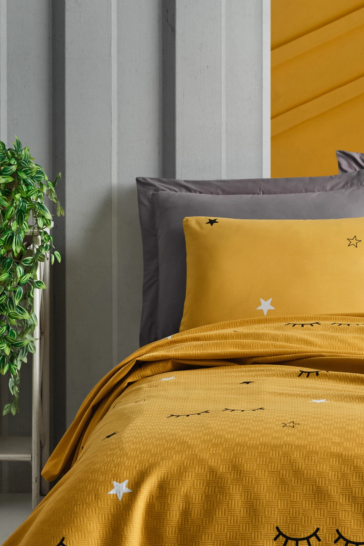 Dide Sarı Doğal Pike Baskılı Çift Kişilik