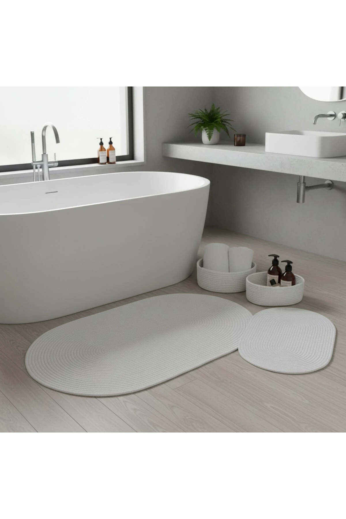 Beyaz Hasır / Jüt 4 Parça Banyo Paspas Takımı | Oval Sepet, Paspas Ve Dekor Seti