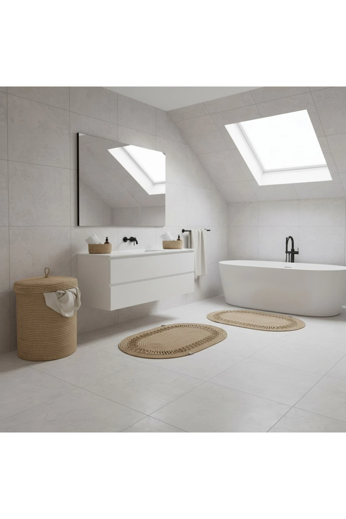 Hasır / Jüt 5 Parça Hasır Trikotlu Banyo Paspas Takımı | Kirli Sepeti | Oval Sepetler