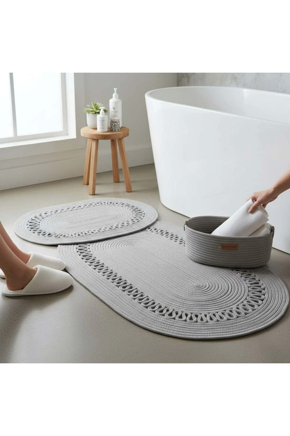 Gri Hasır / Jüt 4 Parça Trikotlu Banyo Paspas Takımı | Oval Sepet, Paspas Ve Dekor Seti