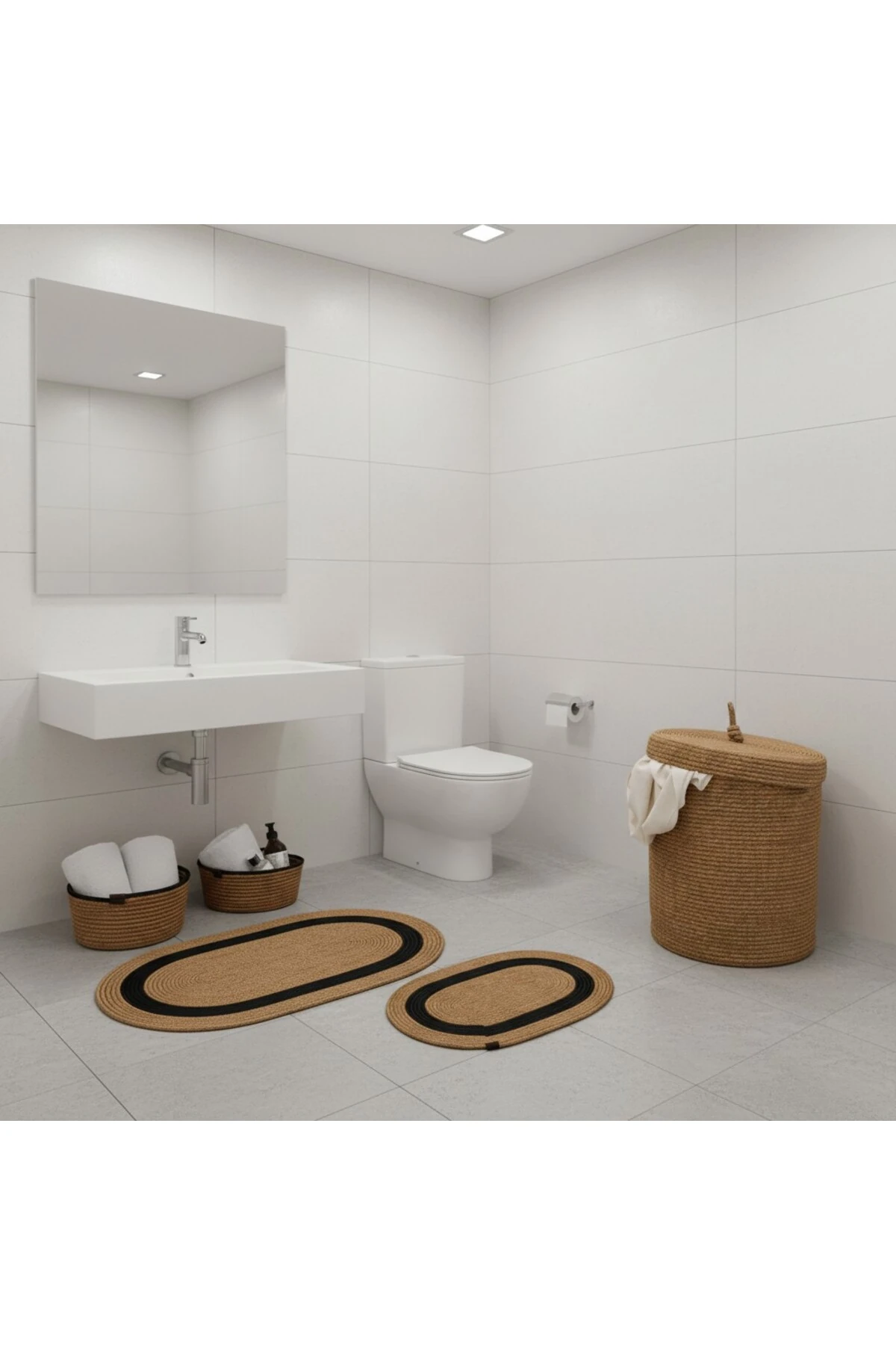 Hasır / Jüt 5 Parça Siyah Şeritli Banyo Paspas Takımı | Kirli Sepeti | Oval Sepetler