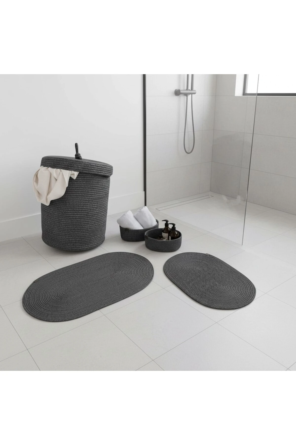 Hasır / Jüt 5 Parça Antrasit Banyo Paspas Takımı | Kirli Sepeti | Oval Sepetler