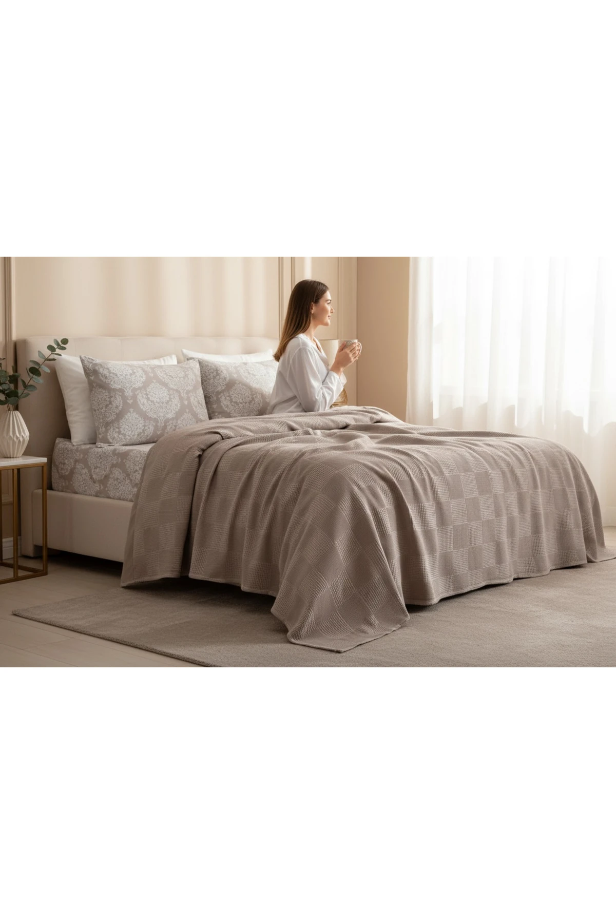 %100 Pamuk Weave Serisi Lastikli Çarşaflı Pike Takımı Çift Kişilik 4 Parça Post Desenli Camel