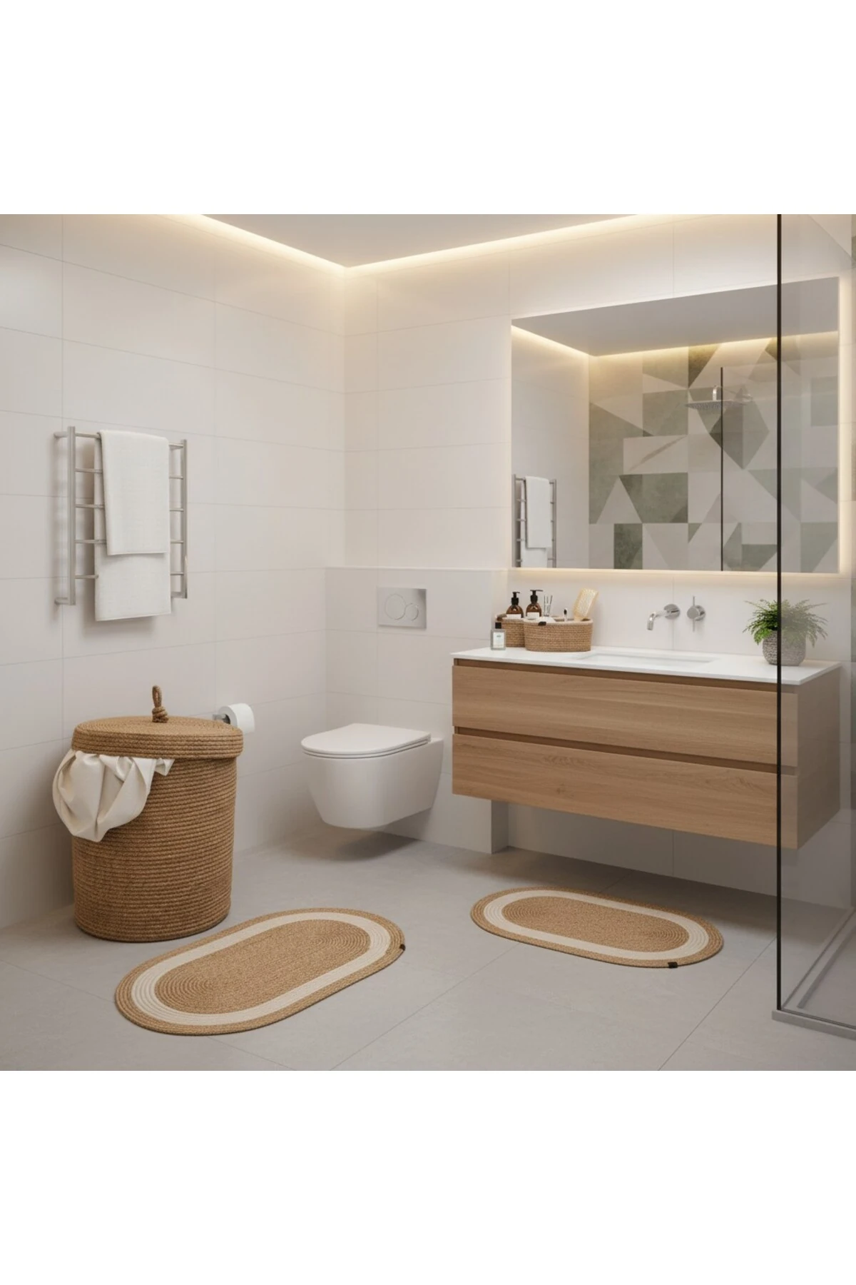 Hasır / Jüt 5 Parça Beyaz Şeritli Banyo Paspas Takımı | Kirli Sepeti | Oval Sepetler