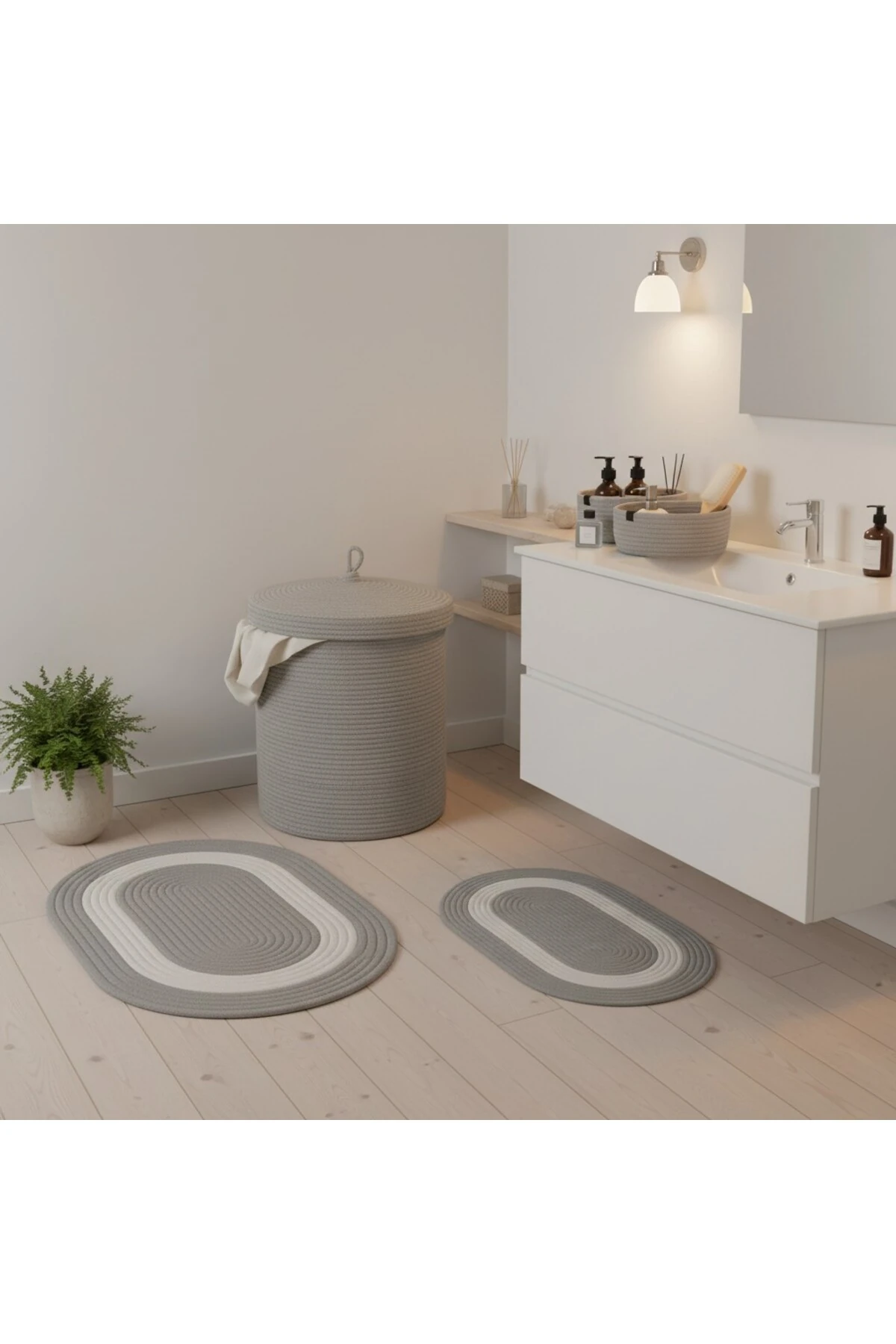 Hasır / Jüt 5 Parça Gri Beyaz Şeritli Banyo Paspas Takımı | Kirli Sepeti | Oval Sepetler