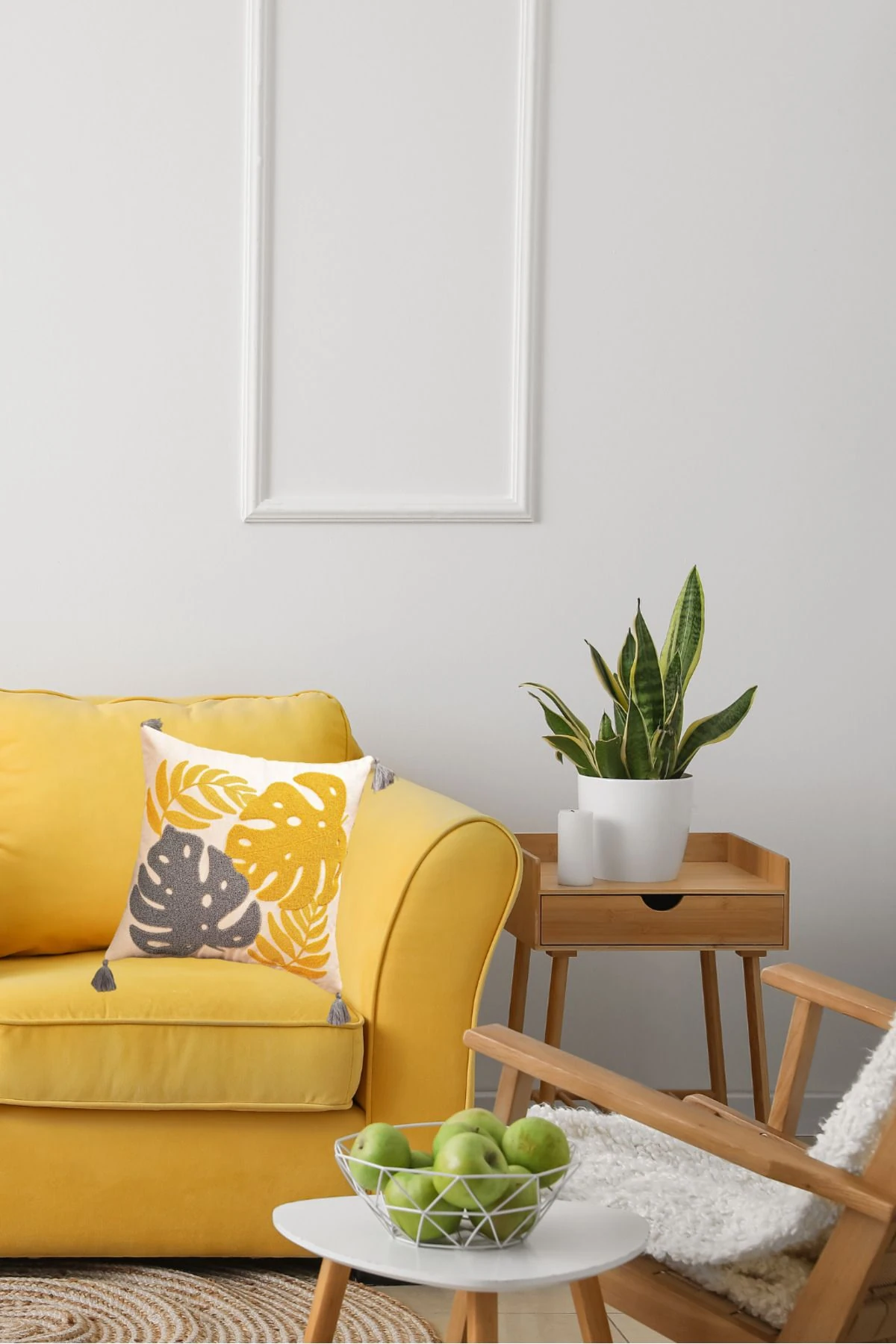 Punch Nakış Sarı Gri Desenli 1 Adet Kırlent Kılıfı