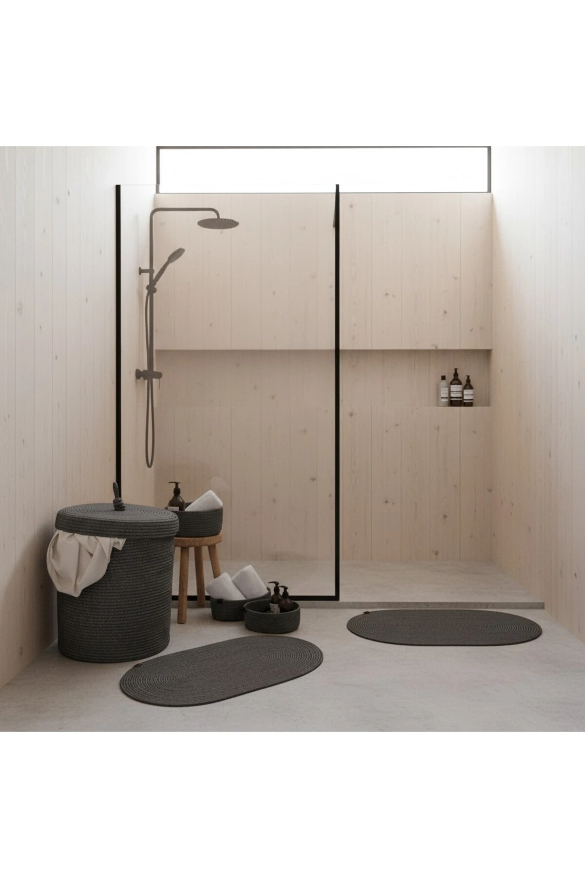 Hasır / Jüt 5 Parça Antrasit Banyo Paspas Takımı | Kirli Sepeti | Oval Sepetler