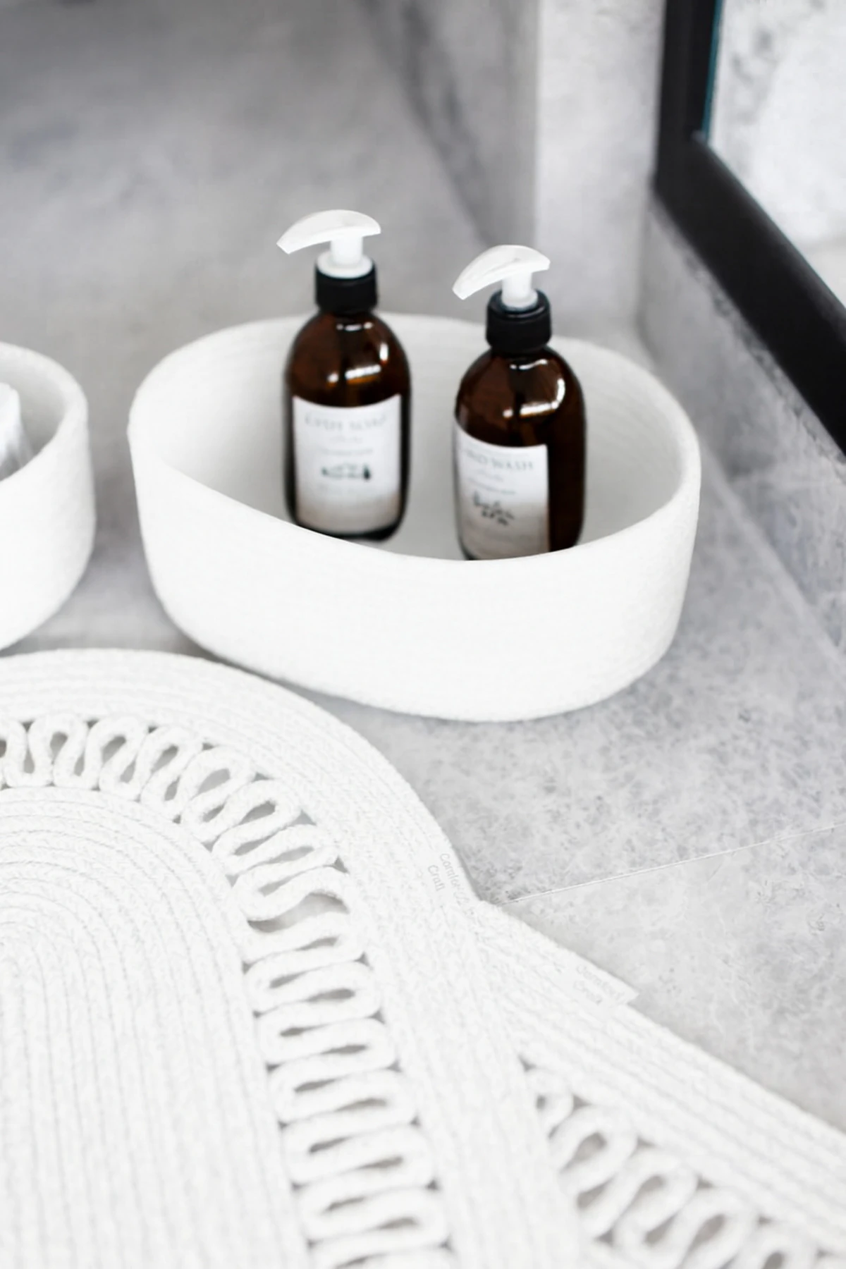 Beyaz Hasır / Jüt 4 Parça Trikotlu Banyo Paspas Takımı | Oval Sepet, Paspas Ve Dekor Seti