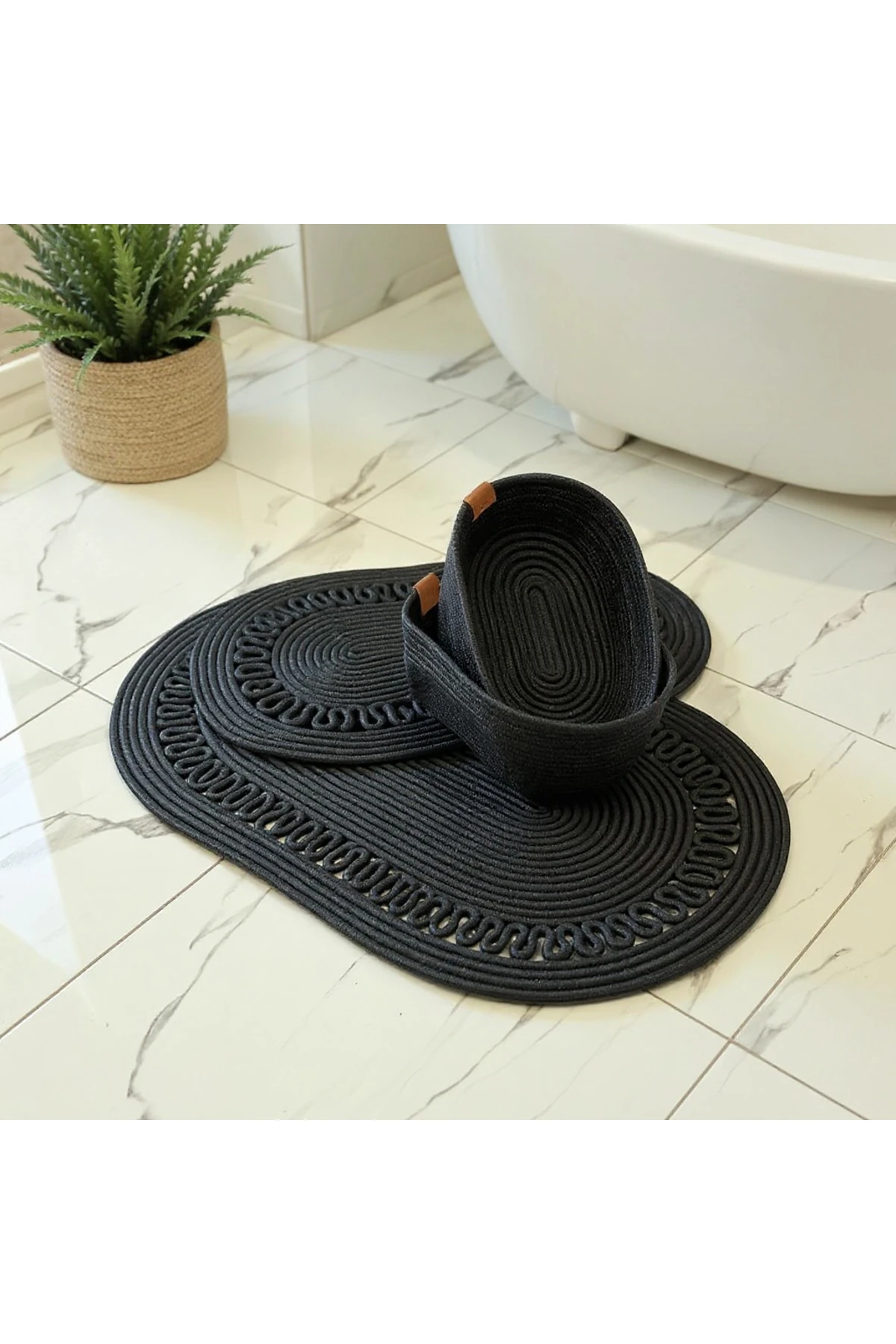 Siyah Hasır / Jüt 4 Parça Trikotlu Banyo Paspas Takımı | Oval Sepet, Paspas Ve Dekor Seti