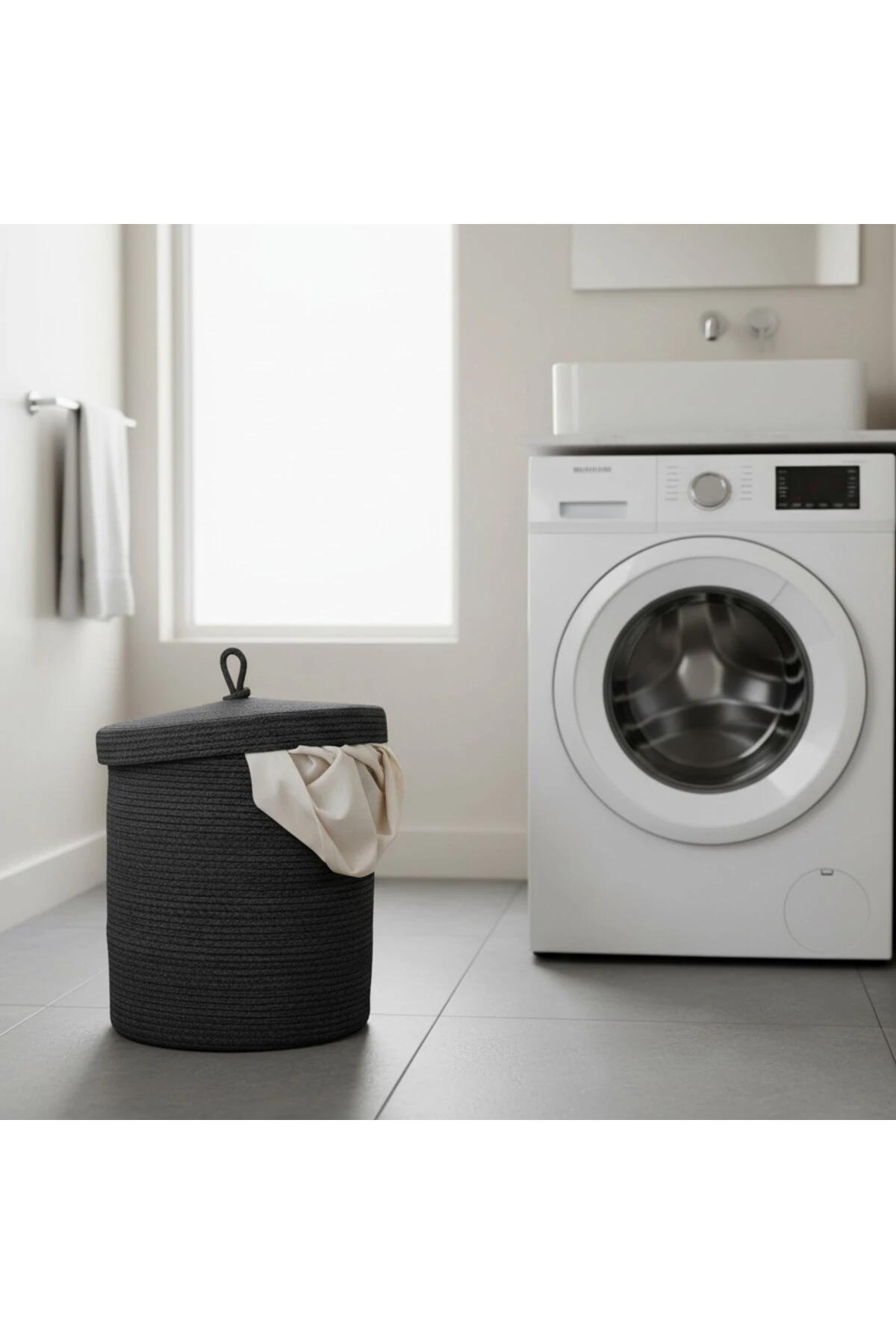 Jüt Kapaklı Hasır Kirli Çamaşır Sepeti Siyah | Oyuncak, Banyo Organizeri | 35x40 Cm