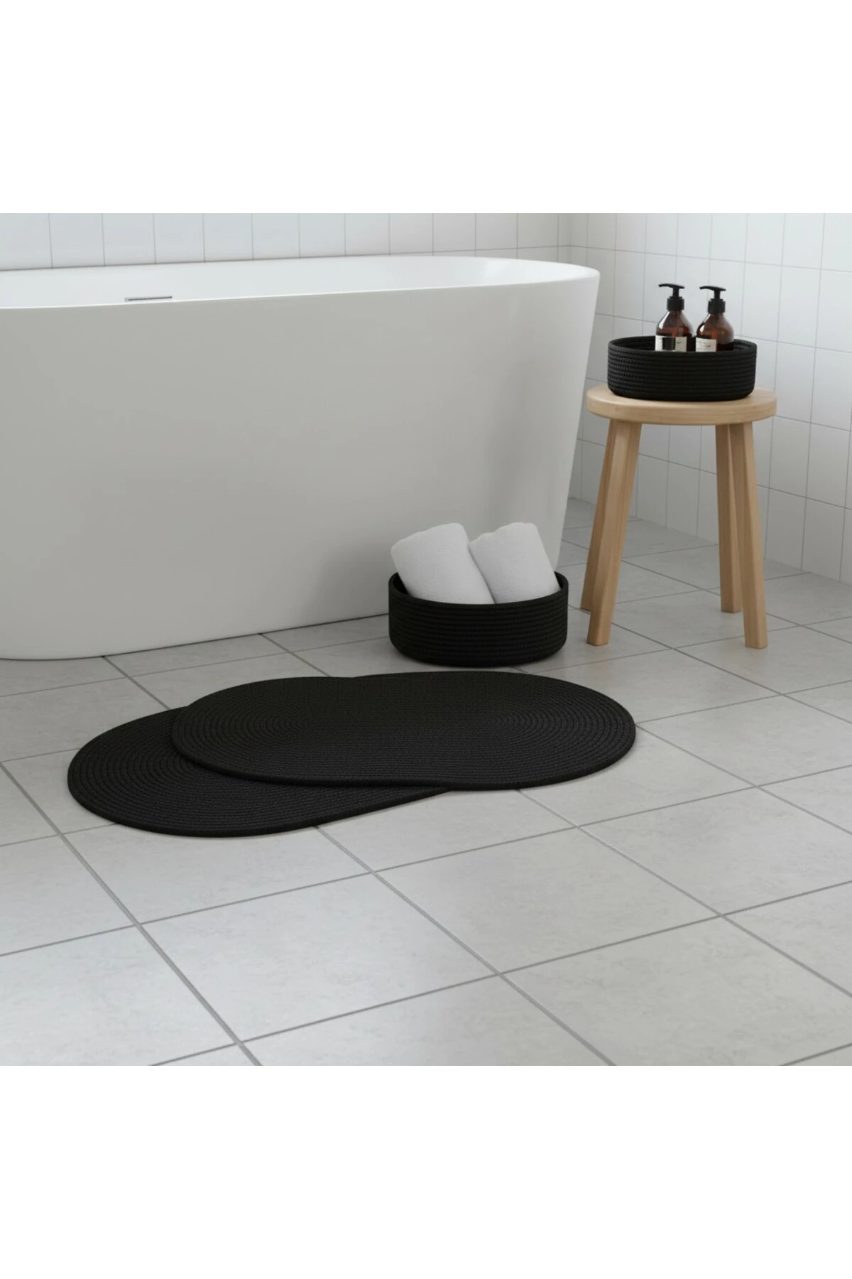 Siyah Hasır / Jüt 4 Parça Banyo Paspas Takımı | Oval Sepet, Paspas Ve Dekor Seti