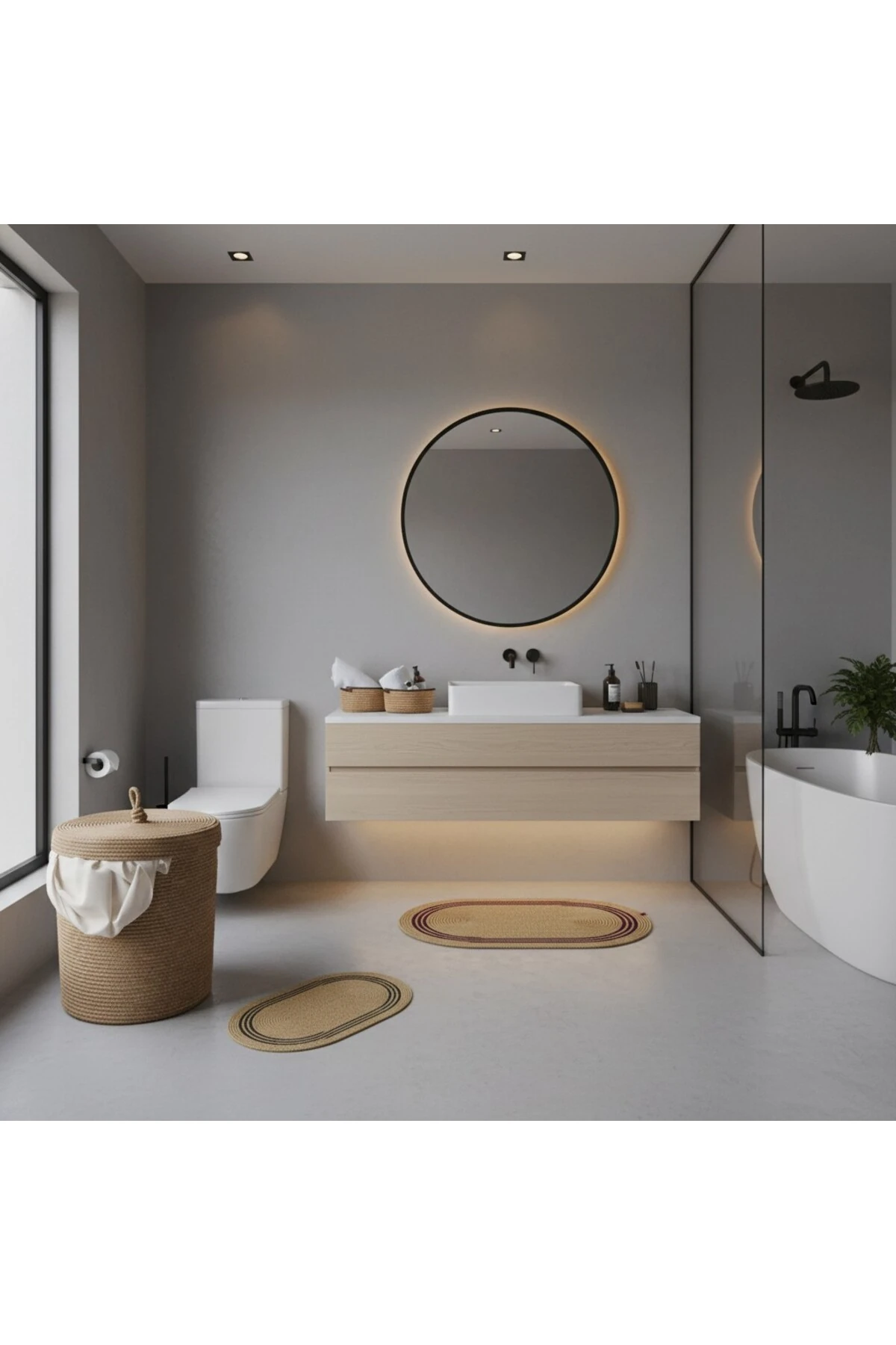 Hasır / Jüt 5 Parça Siyah Çizgili Banyo Paspas Takımı | Kirli Sepeti | Oval Sepetler