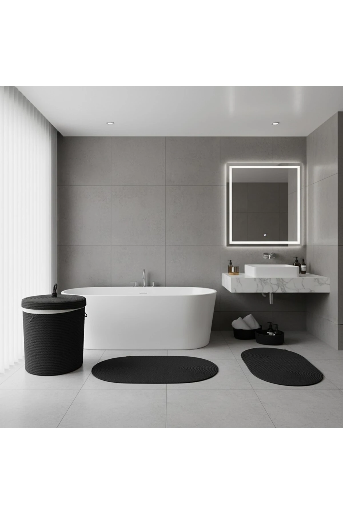 Hasır / Jüt 5 Parça Siyah Banyo Paspas Takımı | Kirli Sepeti | Oval Sepetler