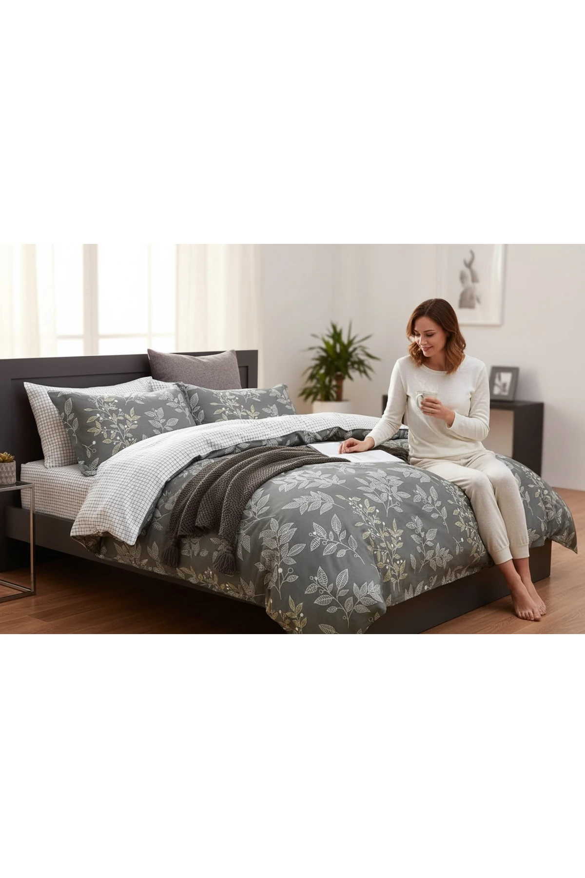 Kolay Ütülenir Nevresim Takımı Çift Kişilik Leaf Zümrüt Yeşili