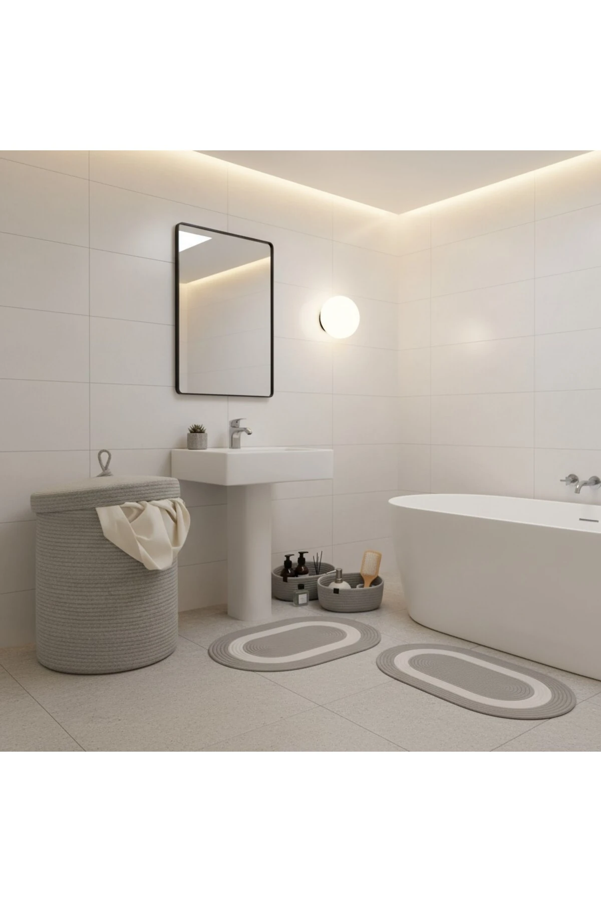 Hasır / Jüt 5 Parça Gri Beyaz Şeritli Banyo Paspas Takımı | Kirli Sepeti | Oval Sepetler