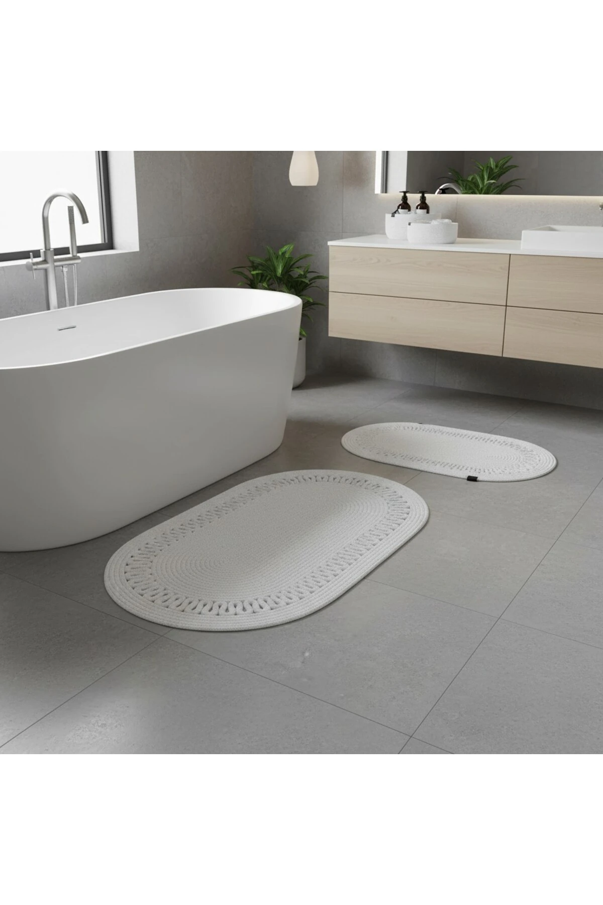 Beyaz Hasır / Jüt 4 Parça Trikotlu Banyo Paspas Takımı | Oval Sepet, Paspas Ve Dekor Seti