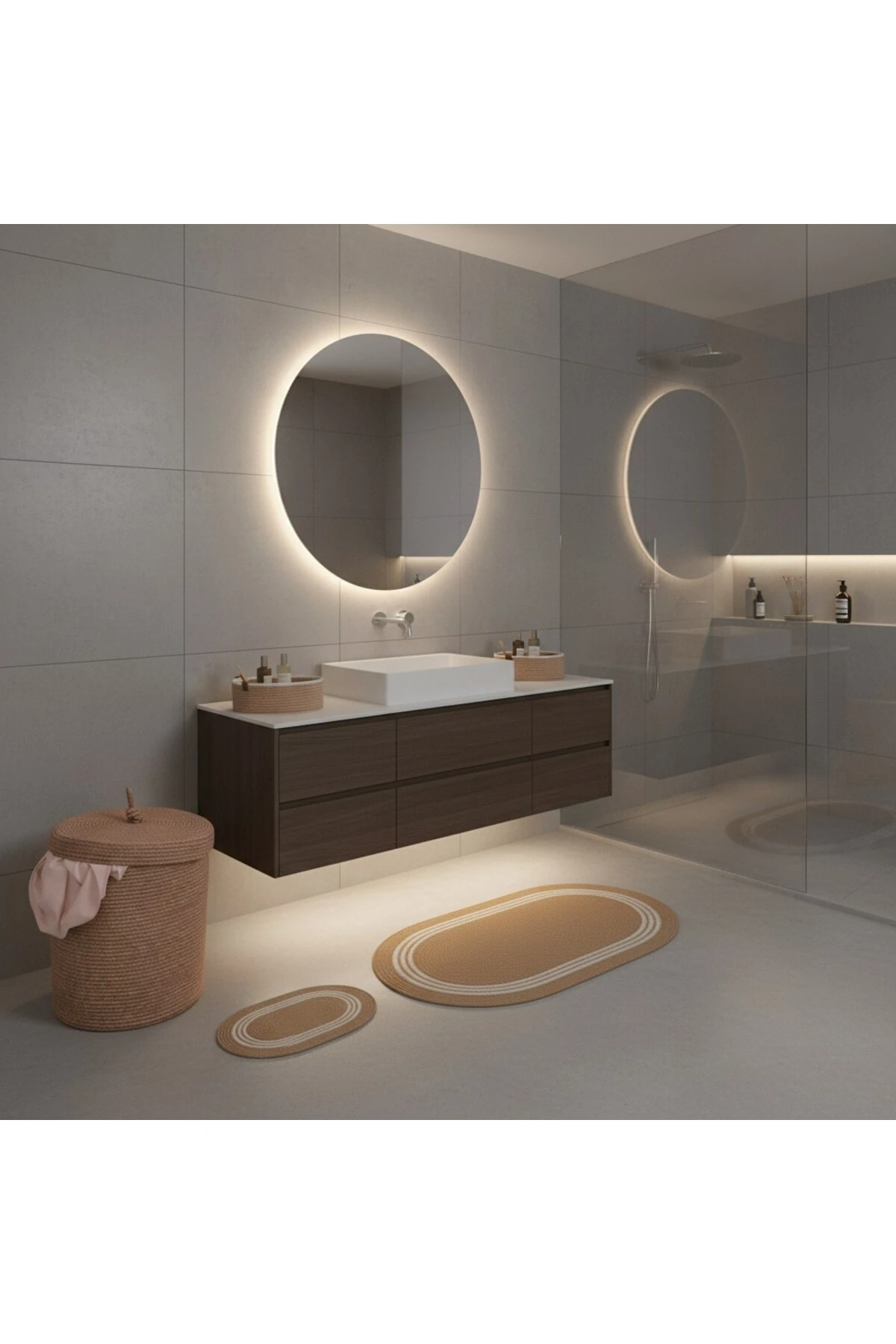 Hasır / Jüt 5 Parça Beyaz Çizgili Banyo Paspas Takımı | Kirli Sepeti | Oval Sepetler