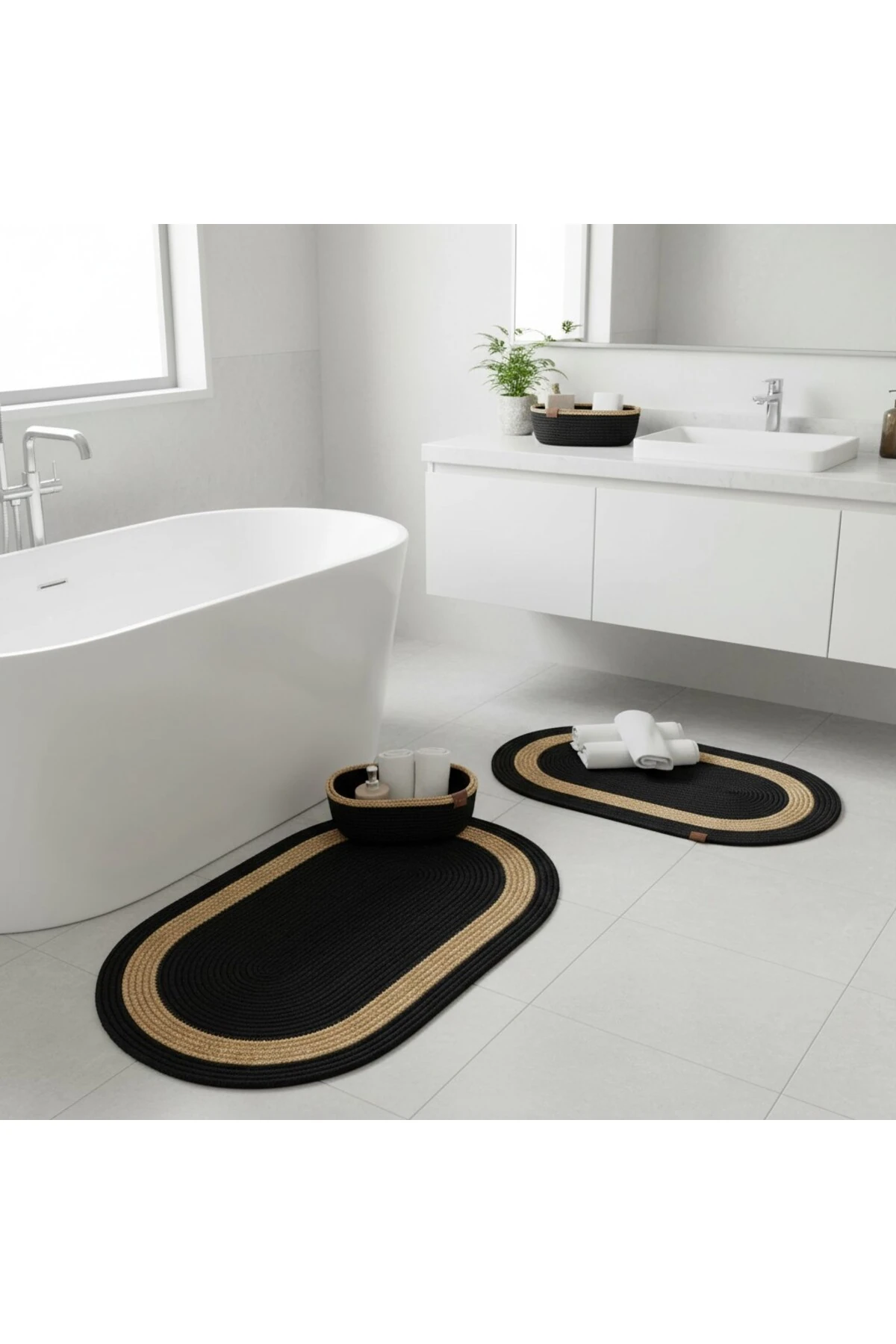 Siyah Hasır / Jüt 4 Parça Hasır Şeritli Banyo Paspas Takımı | Oval Sepet, Paspas Ve Dekor Seti