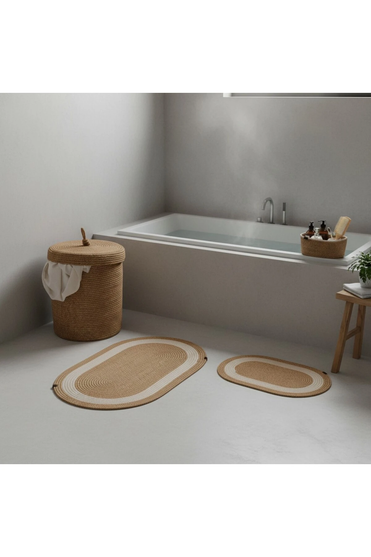 Hasır / Jüt 5 Parça Beyaz Şeritli Banyo Paspas Takımı | Kirli Sepeti | Oval Sepetler