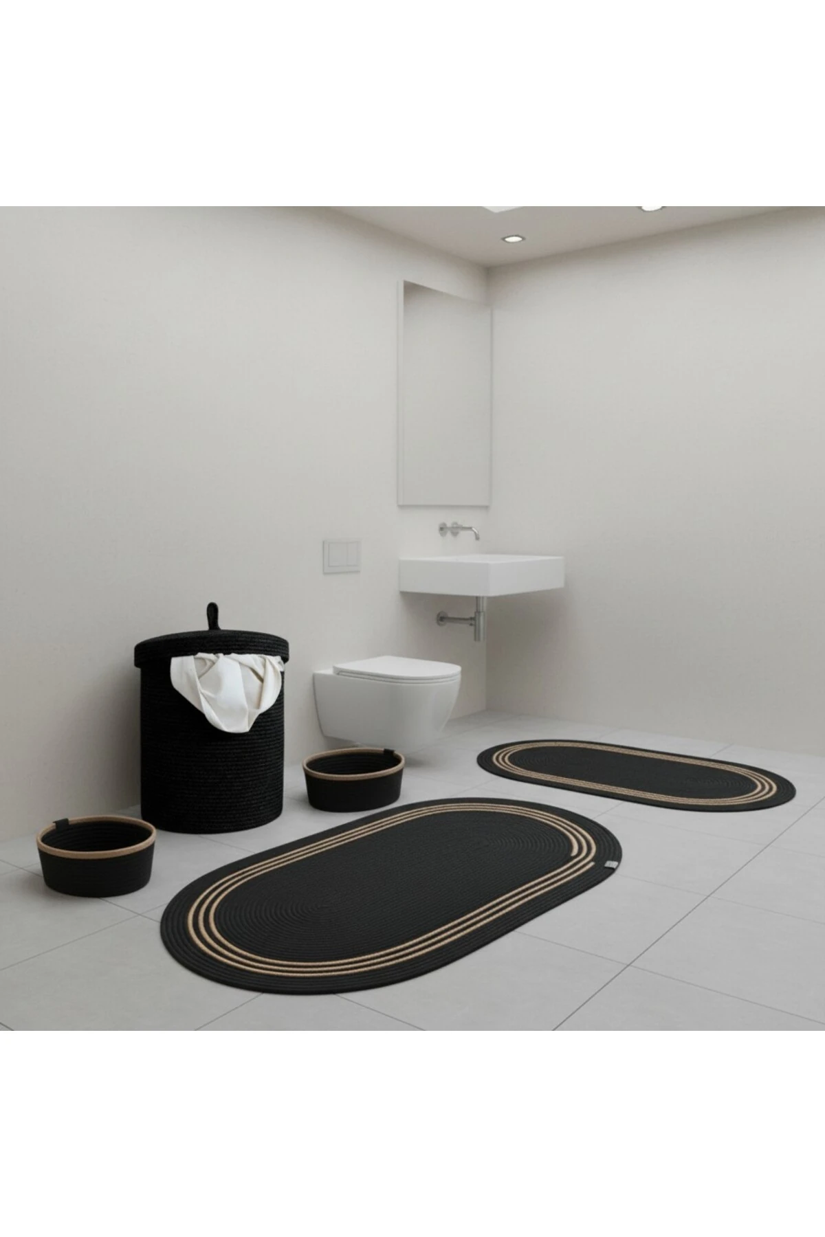 Hasır / Jüt 5 Parça Hasır Çizgili Banyo Paspas Takımı | Kirli Sepeti | Oval Sepetler