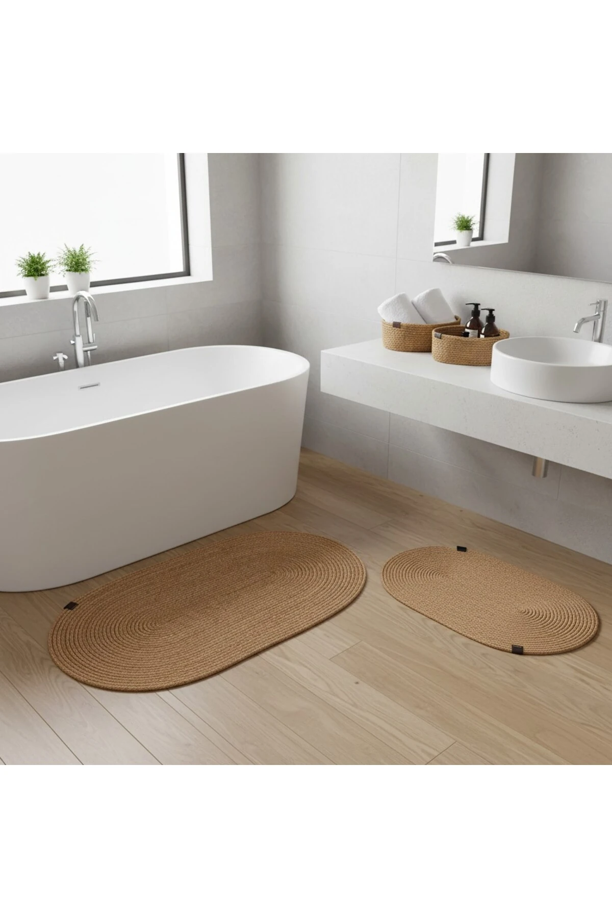 Hasır / Jüt 4 Parça Banyo Paspas Takımı | Oval Sepet, Paspas Ve Dekor Seti