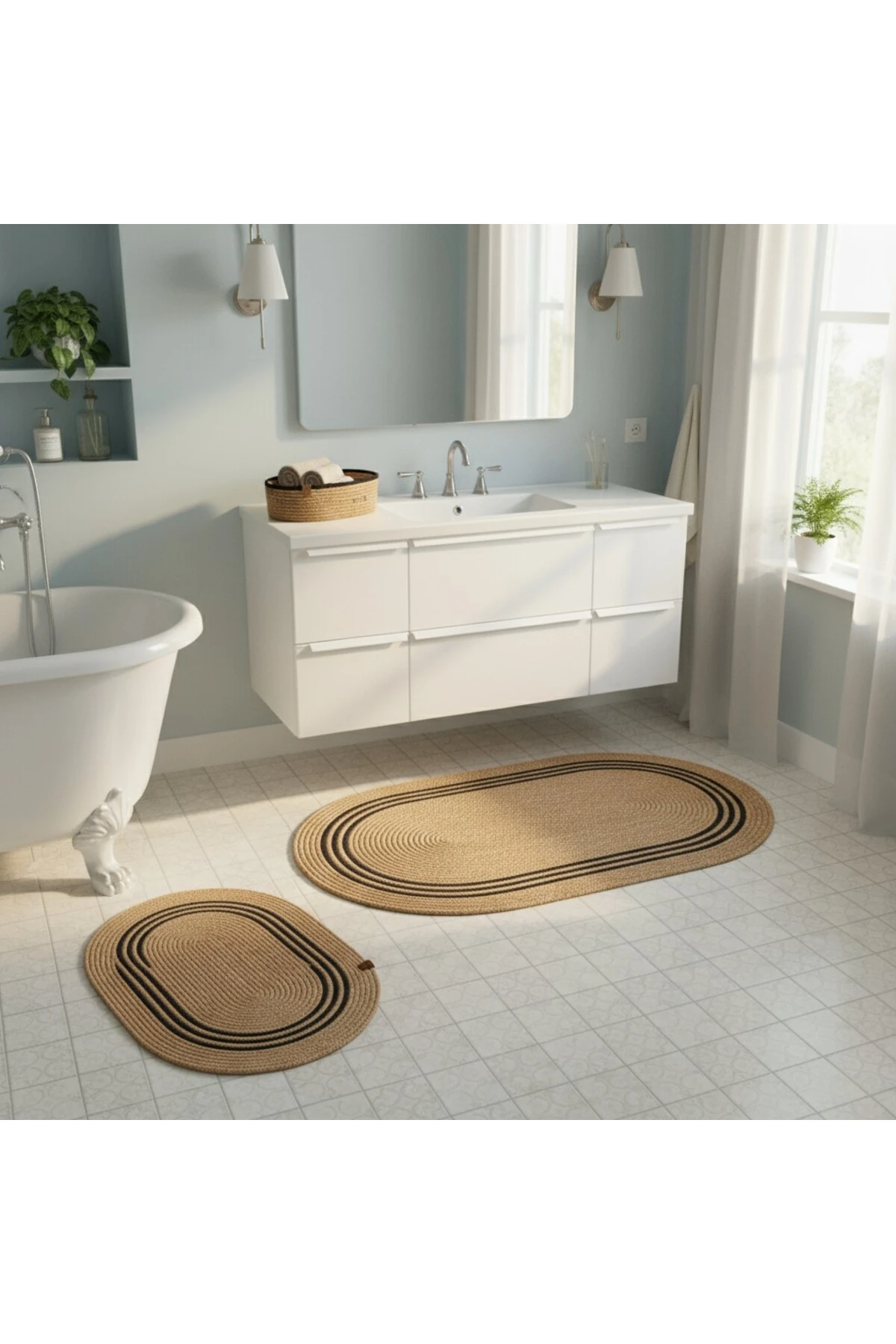 Hasır Siyah Çizgili / Jüt 4 Parça Çizgili Banyo Paspas Takımı | Oval Sepet, Paspas Ve Dekor Seti