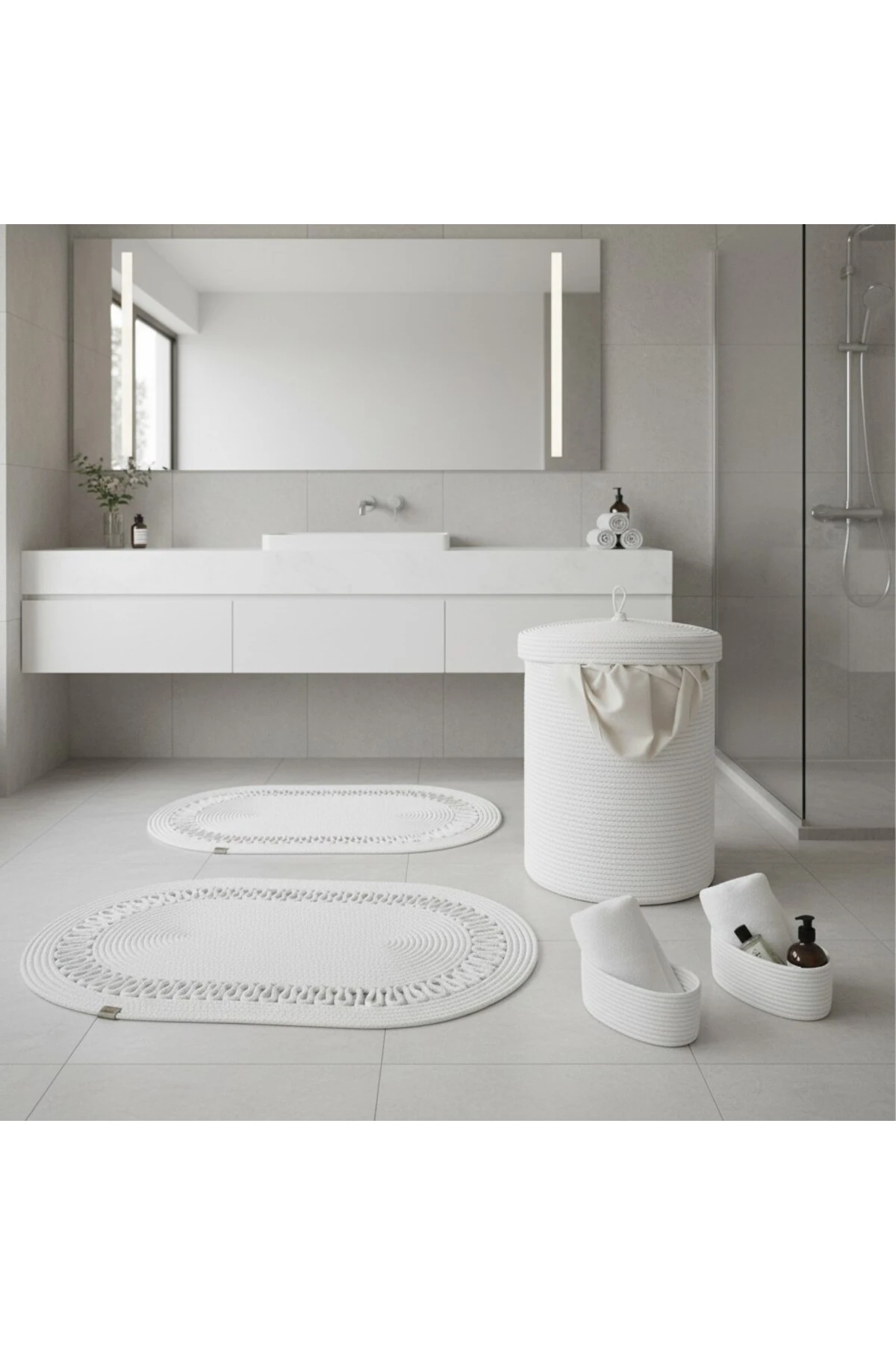 Hasır / Jüt 5 Parça Beyaz Trikotlu Banyo Paspas Takımı | Kirli Sepeti | Oval Sepetler