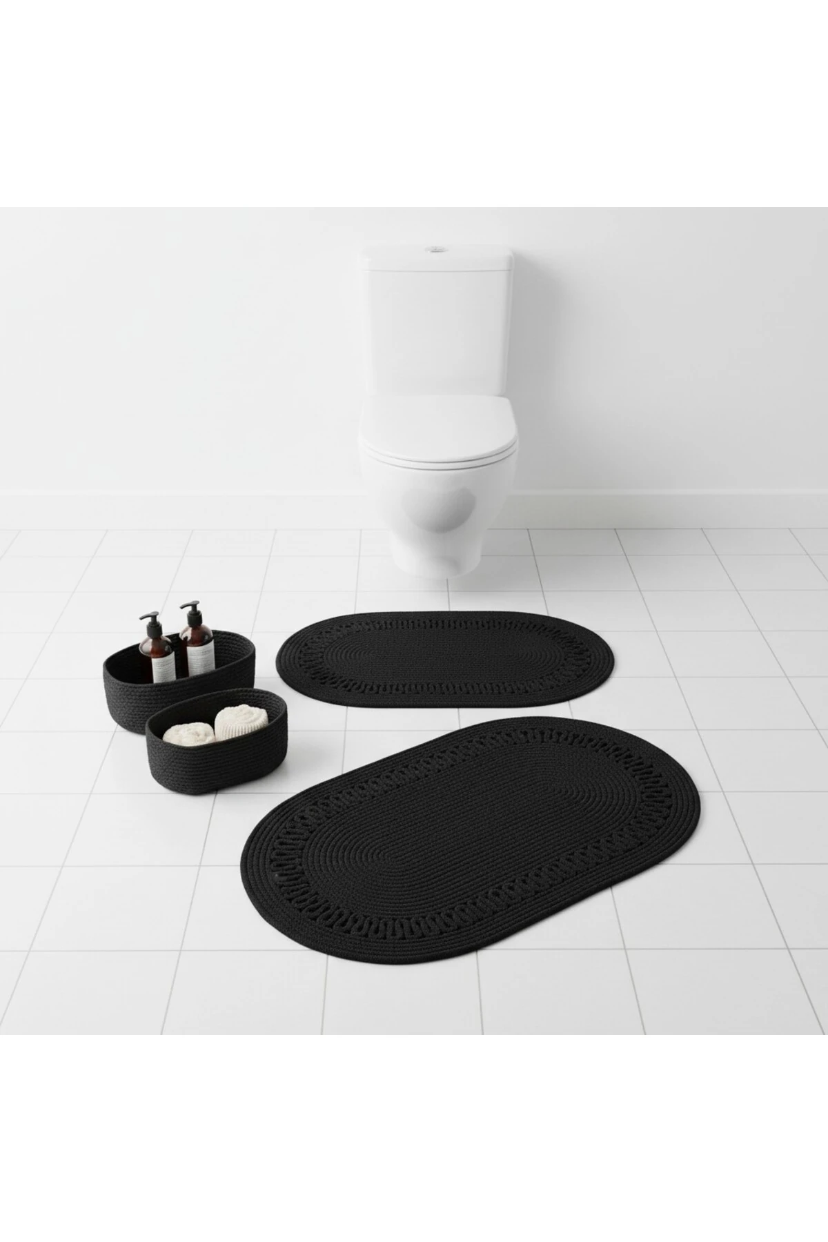 Siyah Hasır / Jüt 4 Parça Trikotlu Banyo Paspas Takımı | Oval Sepet, Paspas Ve Dekor Seti