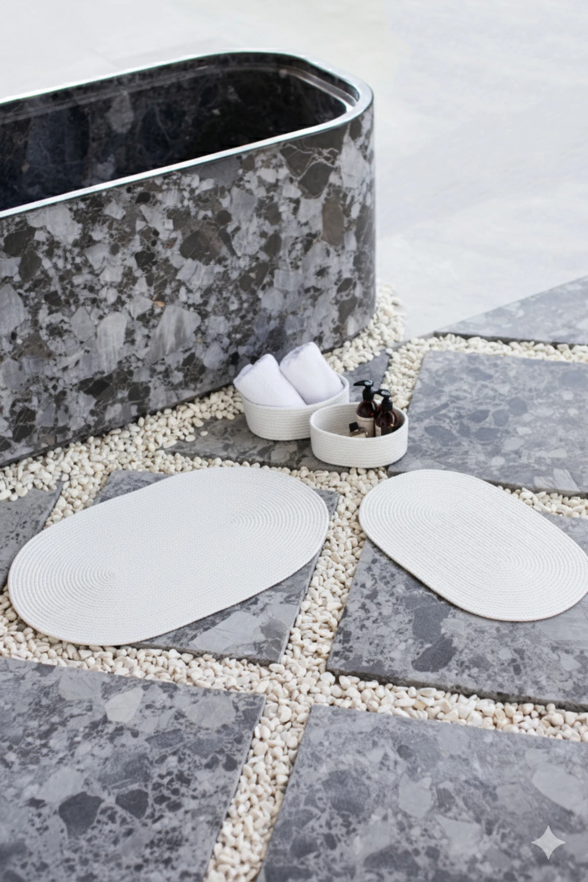Beyaz Hasır / Jüt 4 Parça Banyo Paspas Takımı | Oval Sepet, Paspas Ve Dekor Seti