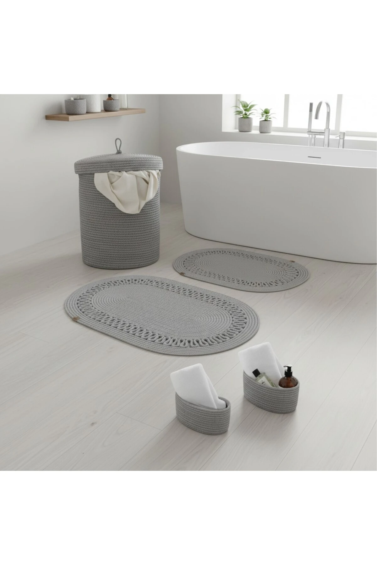 Hasır / Jüt 5 Parça Gri Trikotlu Banyo Paspas Takımı | Kirli Sepeti | Oval Sepetler