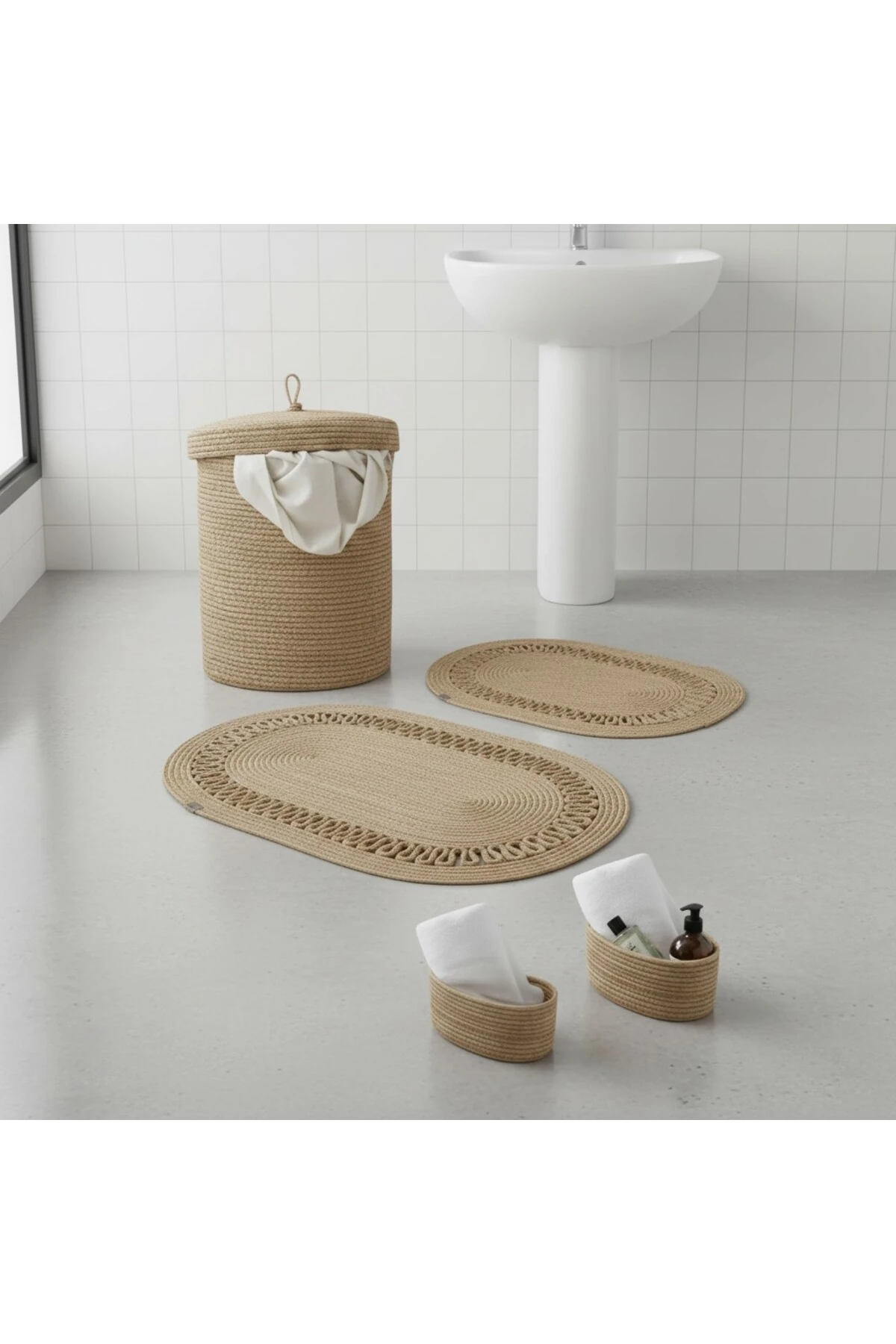 Hasır / Jüt 5 Parça Hasır Trikotlu Banyo Paspas Takımı | Kirli Sepeti | Oval Sepetler