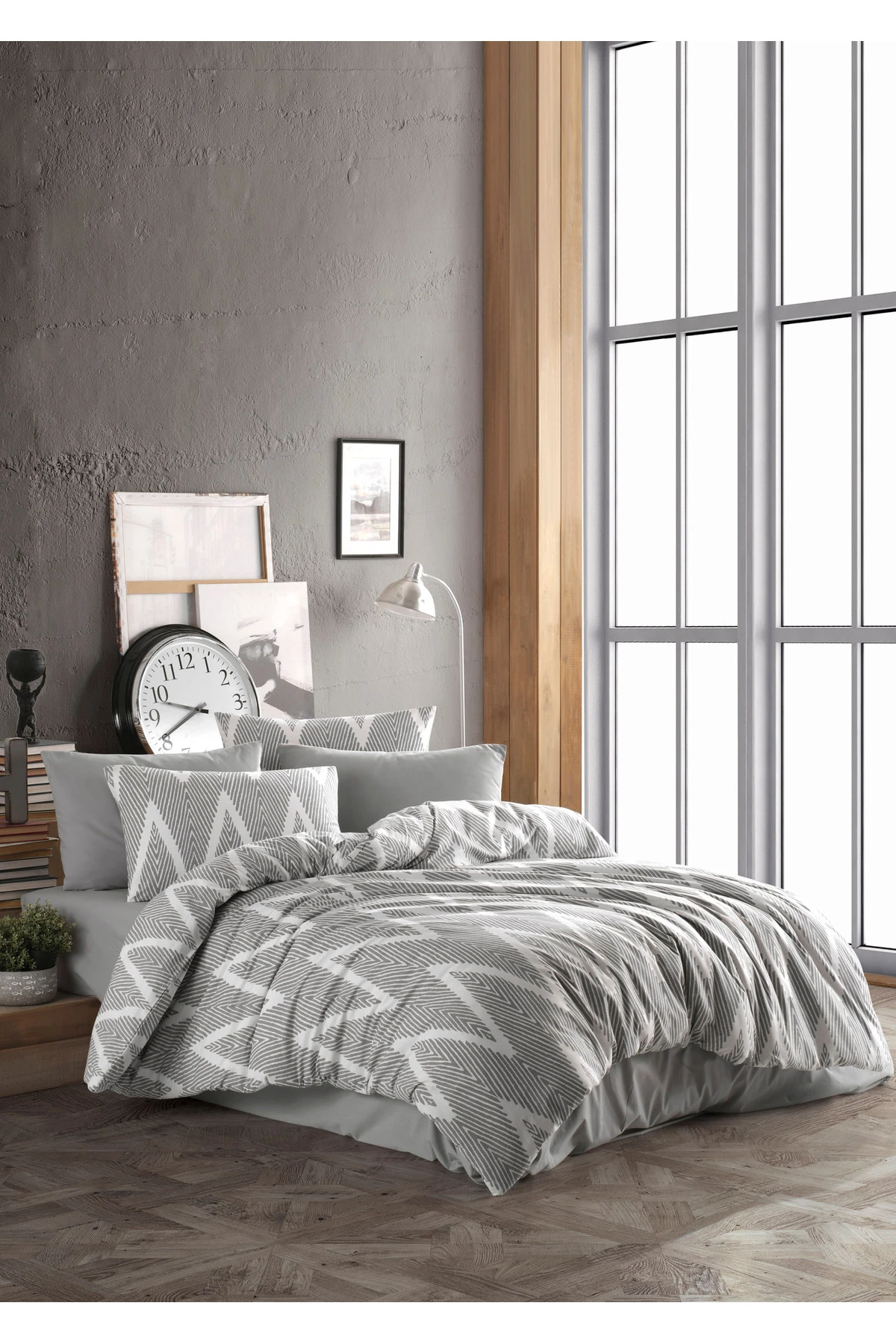 Kolay Ütülenir Baskılı Olivia Gri Nevresim Takımı Çift Kişilik