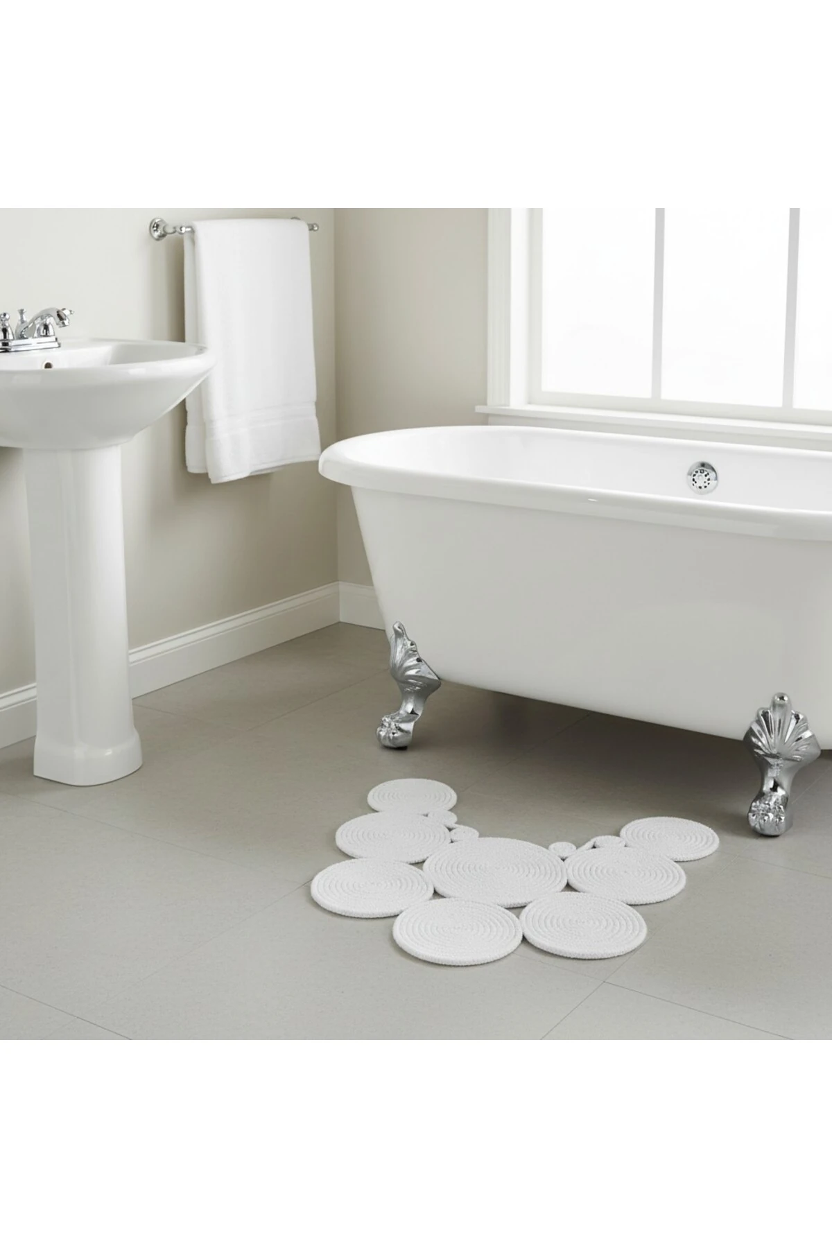 Jüt Hasır Görünümlü | Beyaz Renk | Çift Taraflı Yıkanabilir Banyo Paspası | Klozet Önü | Leke Tutmaz