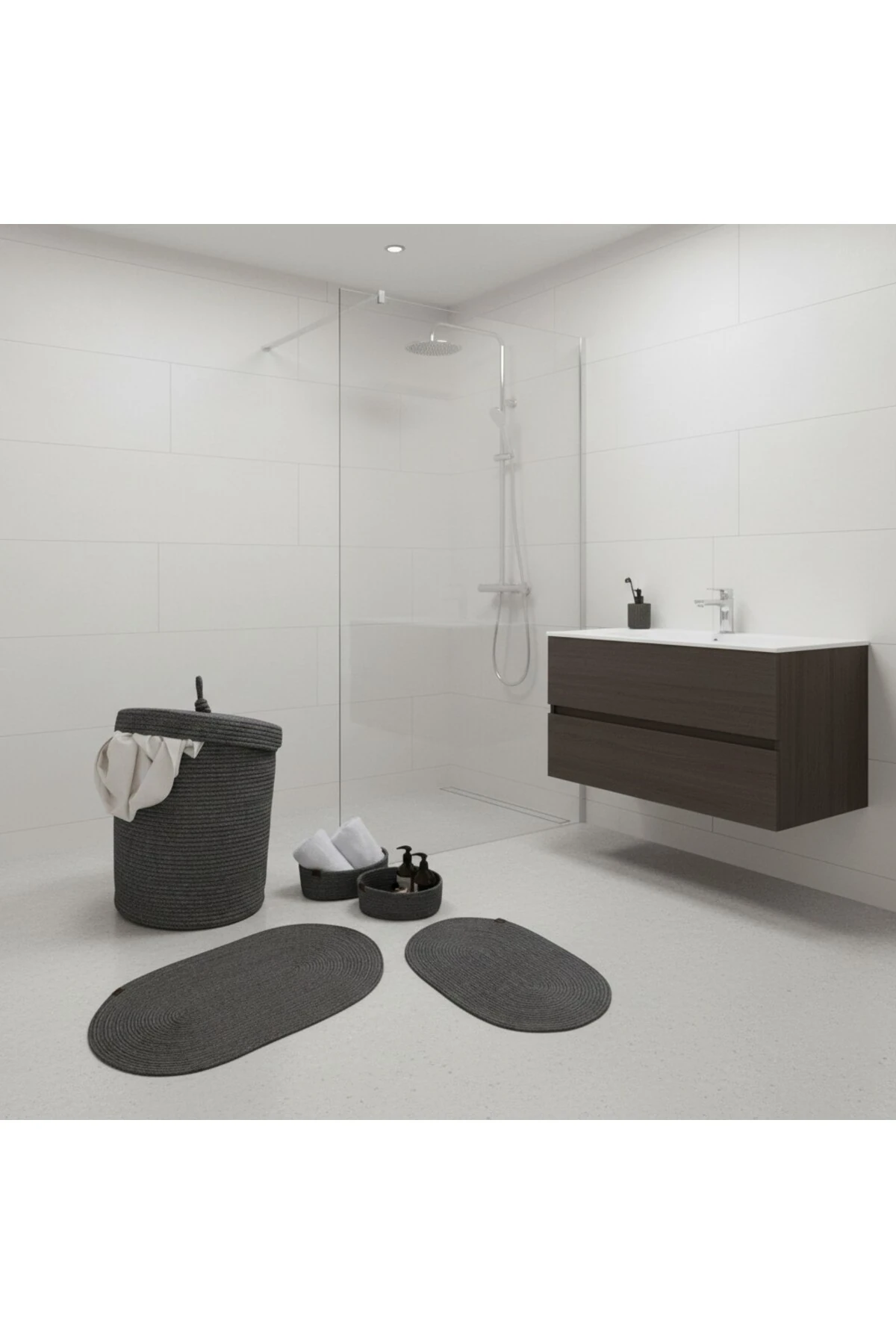 Hasır / Jüt 5 Parça Antrasit Banyo Paspas Takımı | Kirli Sepeti | Oval Sepetler