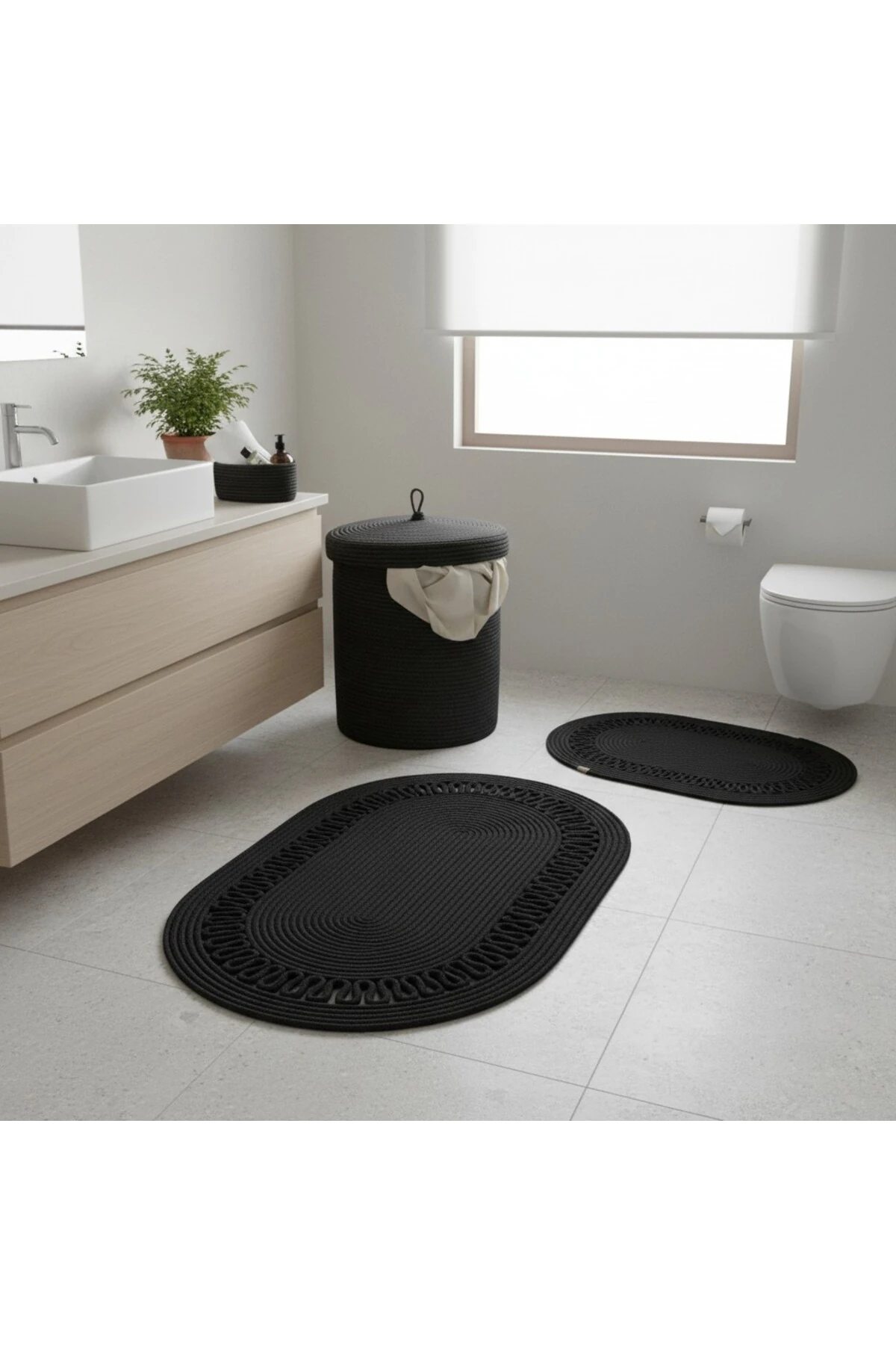 Hasır / Jüt 5 Parça Siyah Trikotlu Banyo Paspas Takımı | Kirli Sepeti | Oval Sepetler