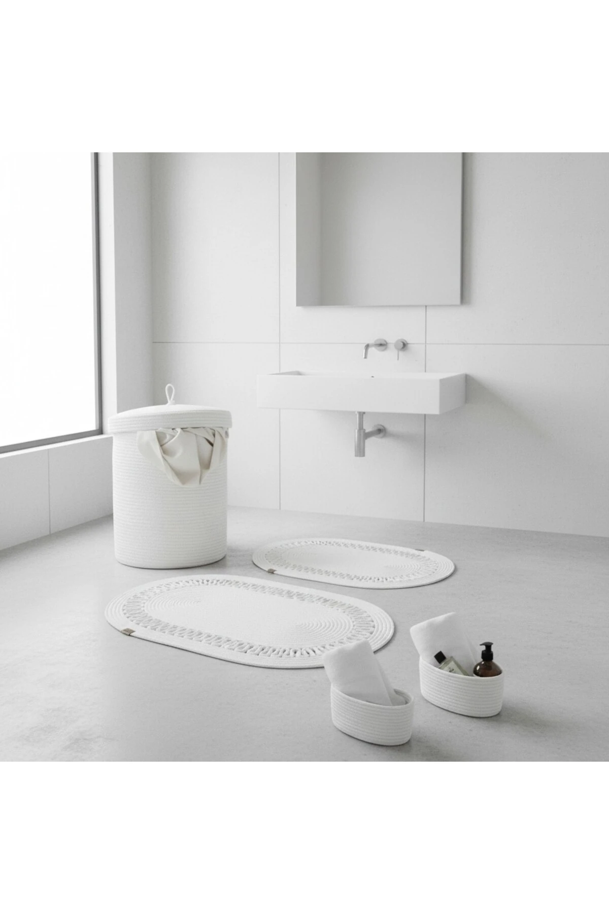 Hasır / Jüt 5 Parça Beyaz Trikotlu Banyo Paspas Takımı | Kirli Sepeti | Oval Sepetler