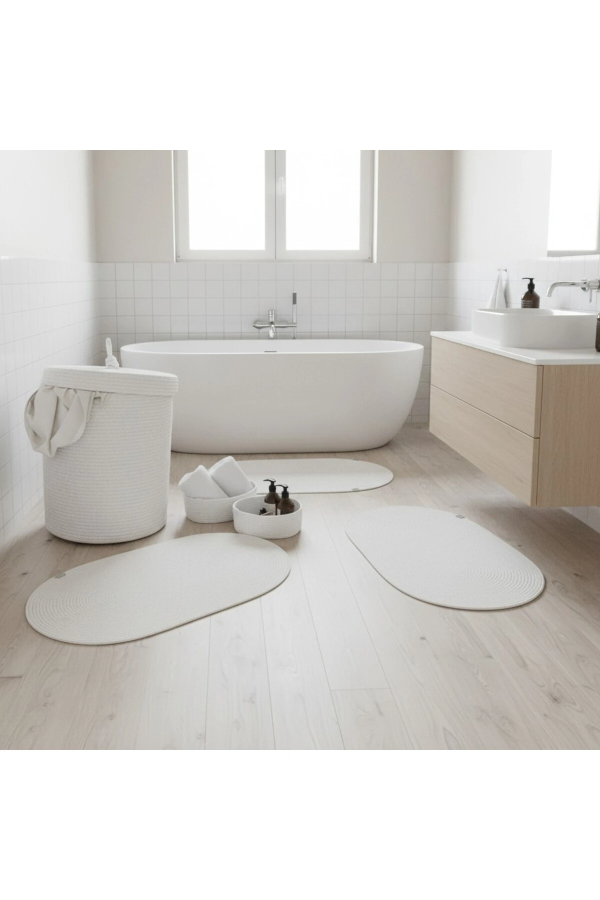 Hasır / Jüt 5 Parça Beyaz Banyo Paspas Takımı | Kirli Sepeti | Oval Sepetler