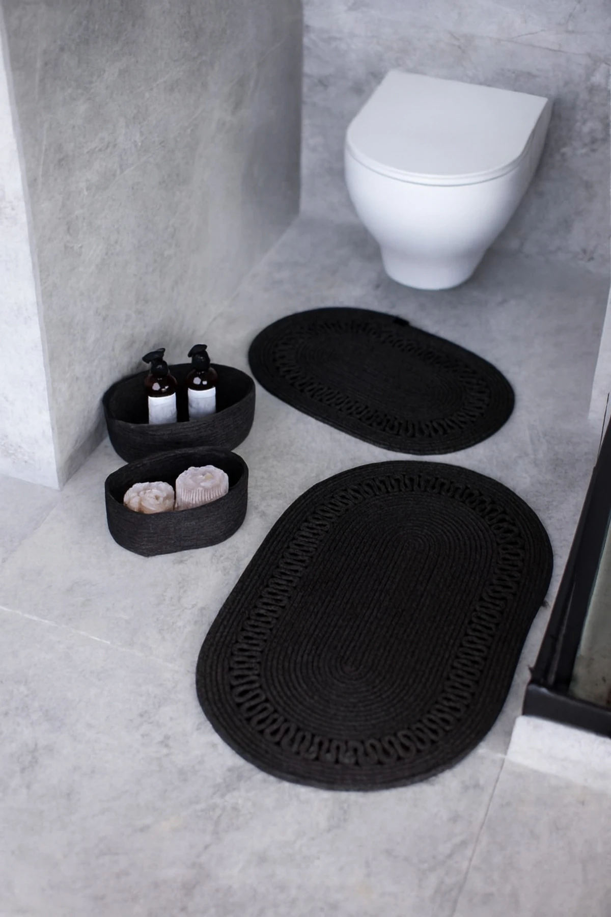 Siyah Hasır / Jüt 4 Parça Trikotlu Banyo Paspas Takımı | Oval Sepet, Paspas Ve Dekor Seti