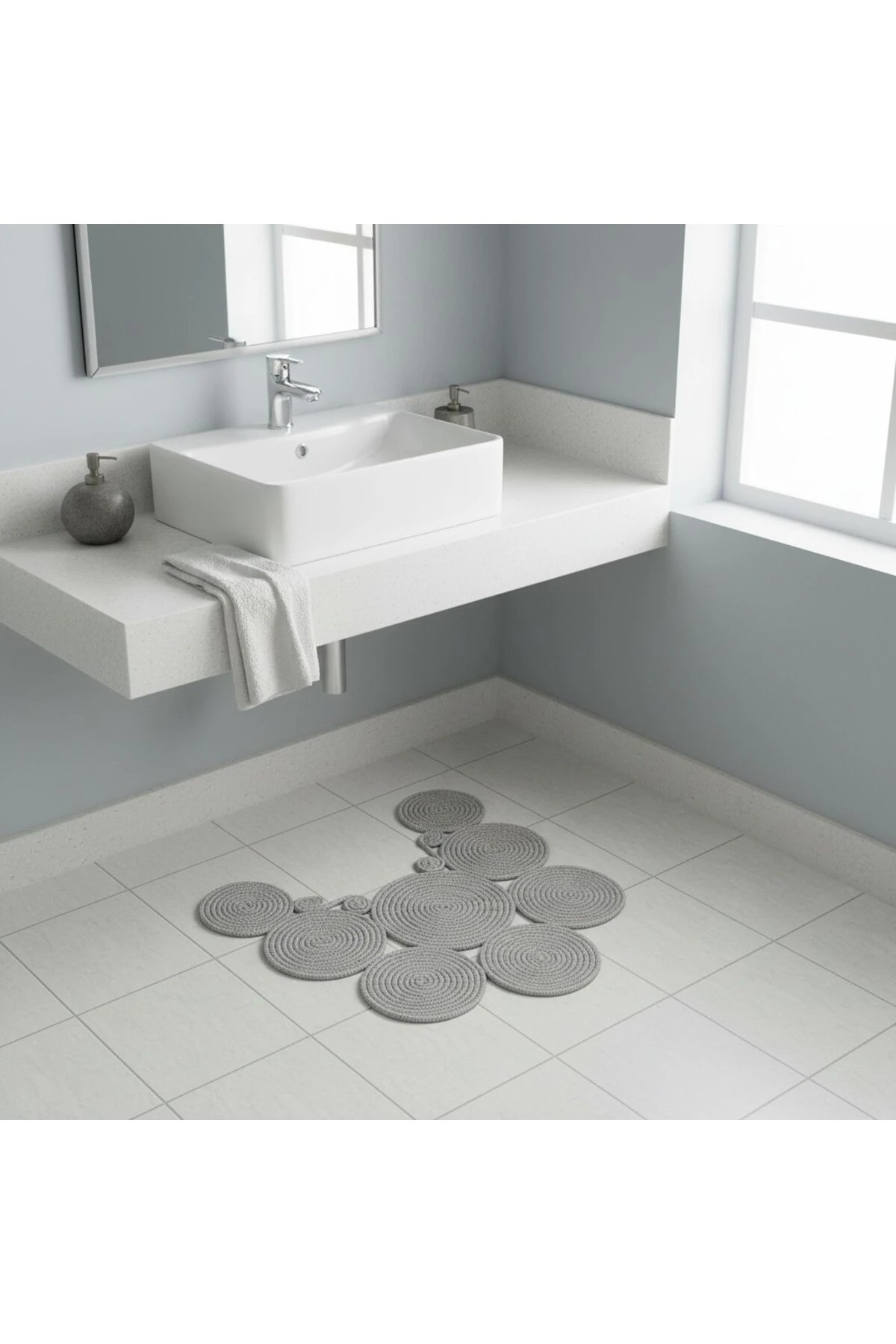 Jüt Hasır Görünümlü | Gri Renk | Çift Taraflı Yıkanabilir Banyo Paspası | Klozet Önü | Leke Tutmaz