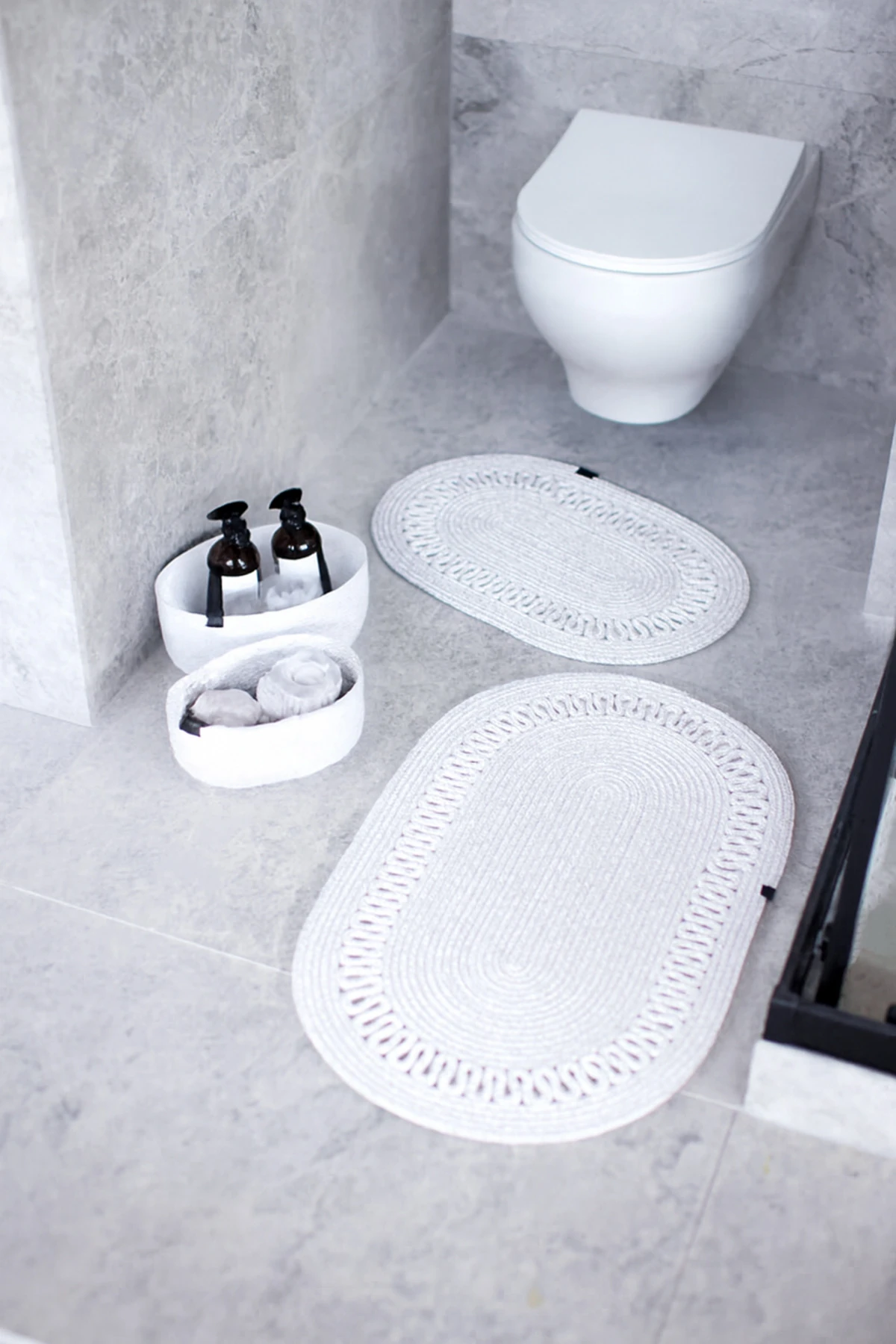 Beyaz Hasır / Jüt 4 Parça Trikotlu Banyo Paspas Takımı | Oval Sepet, Paspas Ve Dekor Seti