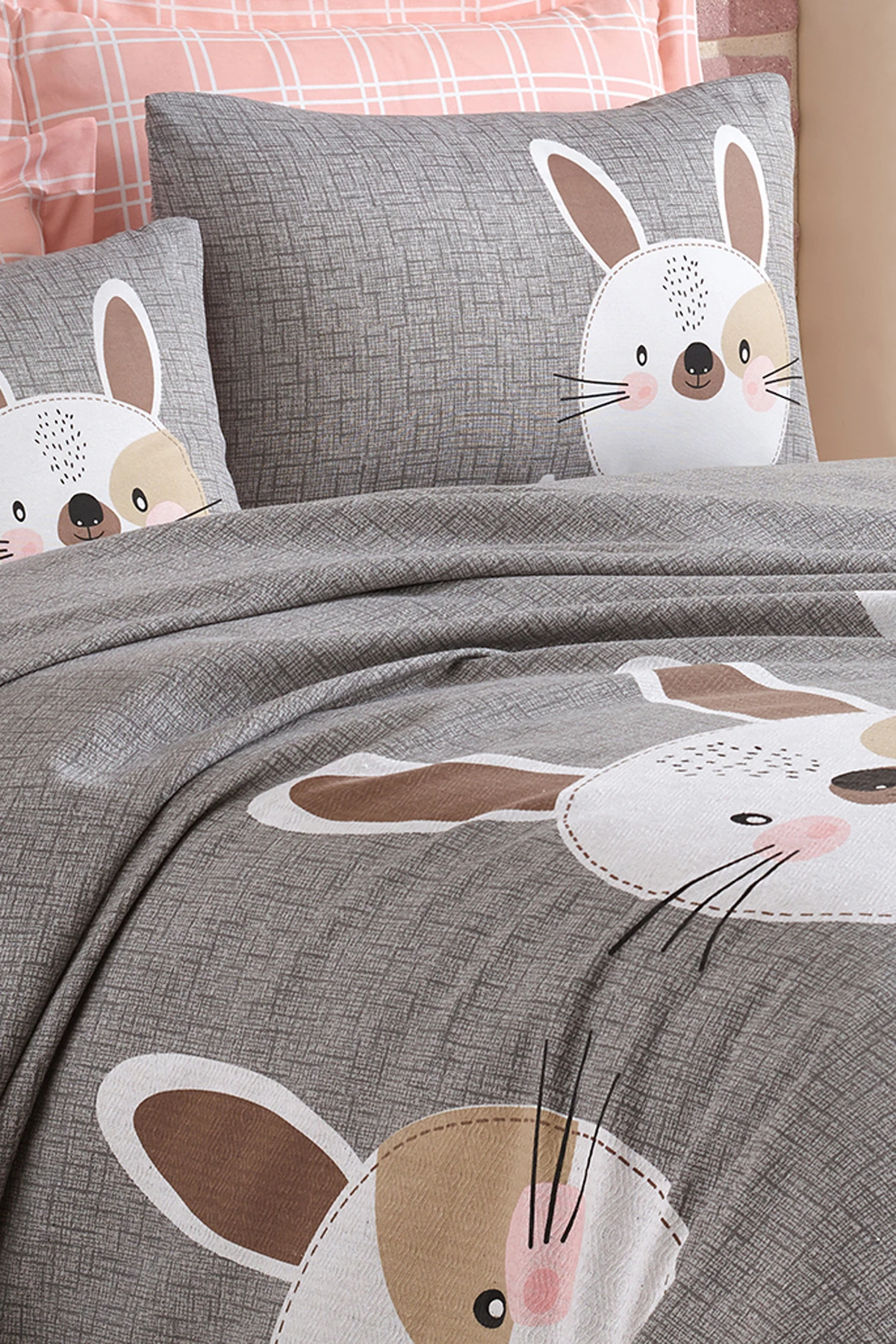 A.Kahve-Gri-Pembe Pike Seti Baskılı Çift Kişilik Tavşancık