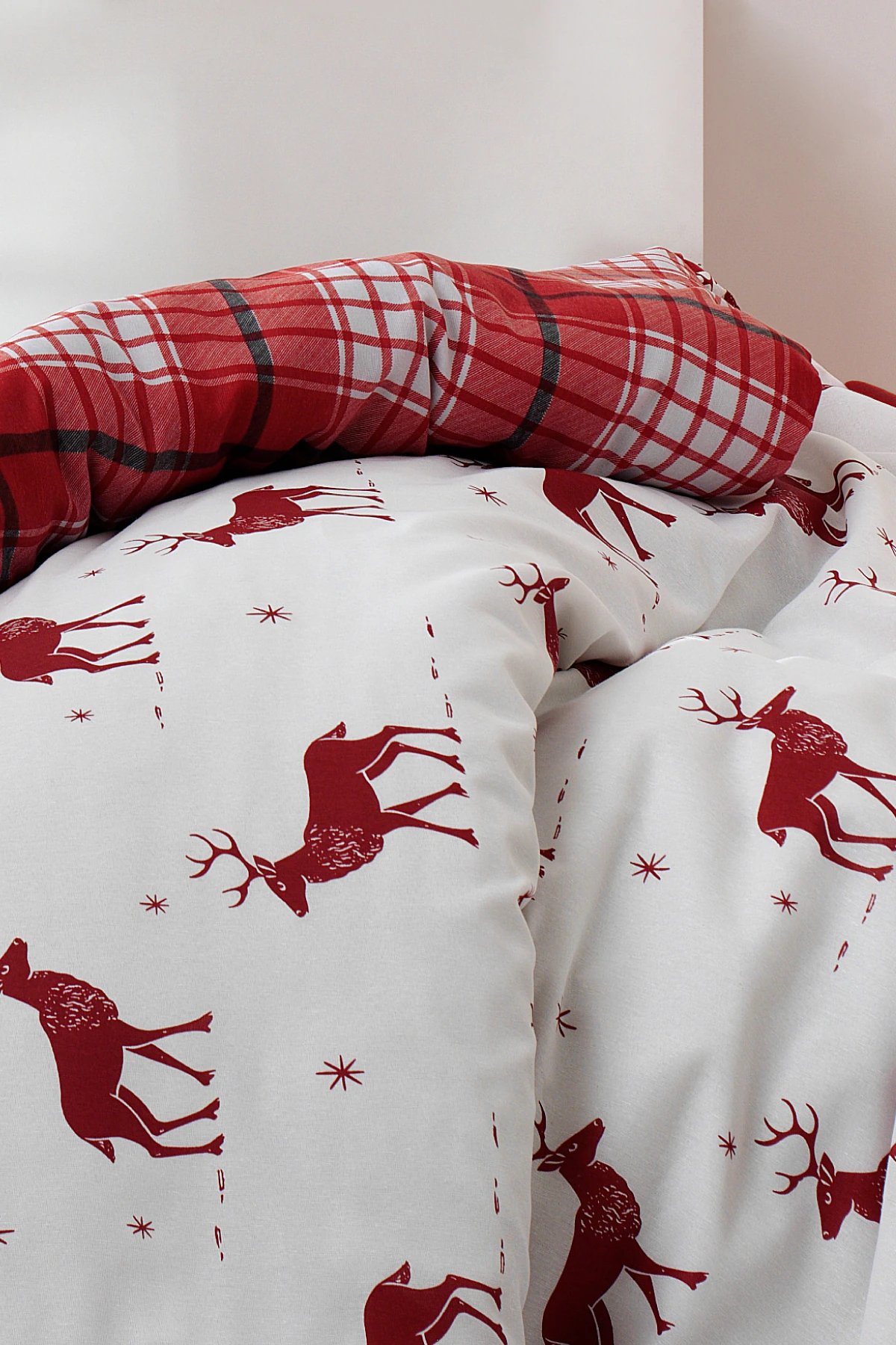 Tek Kişilik Kolay Ütülenir Nevresim Takımı Bordo Geyik