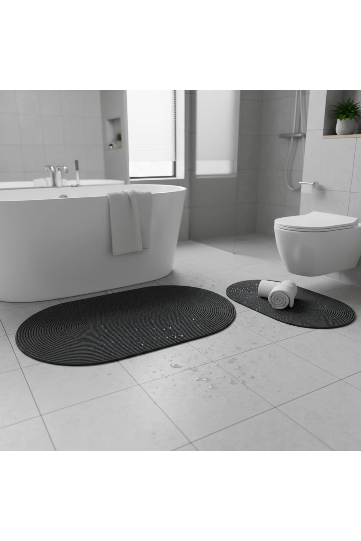 Siyah Hasır / Jüt 4 Parça Banyo Paspas Takımı | Oval Sepet, Paspas Ve Dekor Seti