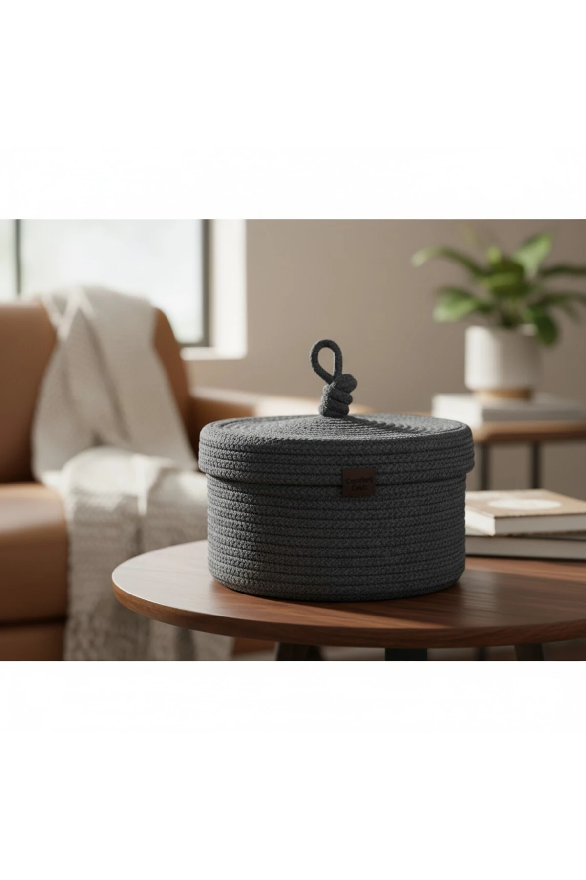 Jüt Kapaklı Yuvarlak Sepet | El Dokuma, Hasır, Çok Amaçlı Organizer | 25x15 Cm