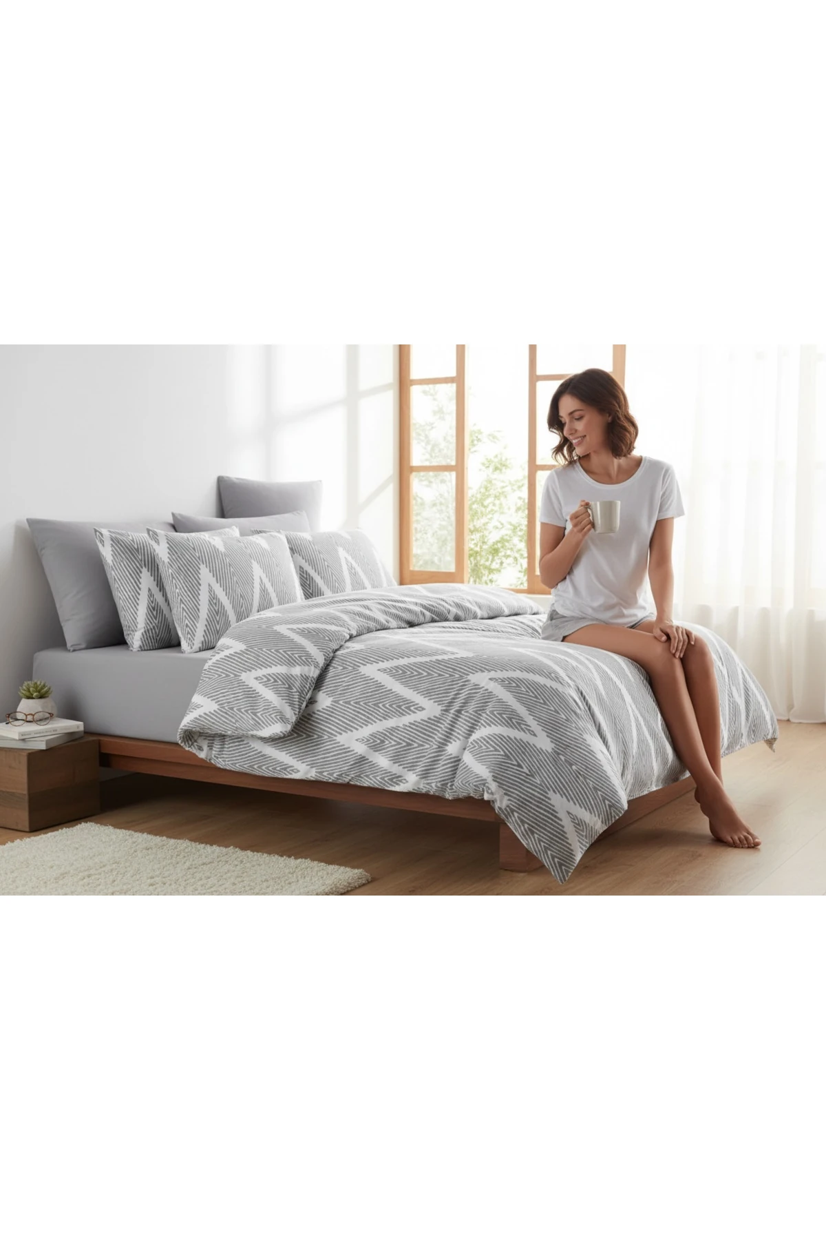 Kolay Ütülenir Baskılı Olivia Gri Nevresim Takımı Çift Kişilik